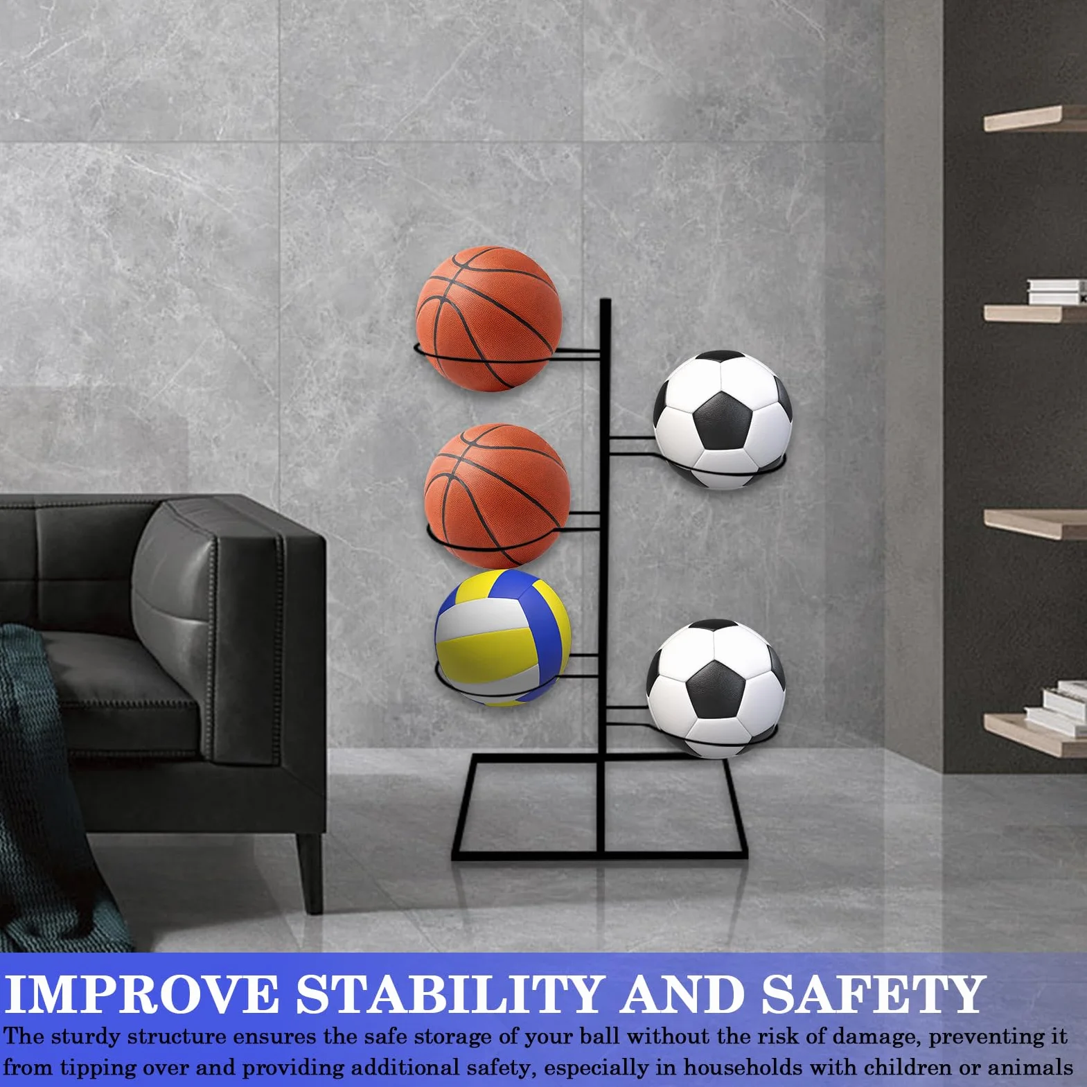 Set di 5 Supporti per Palloni Rimovibili in Metallo - Stoccaggio Verticale Stabile per Basket, Calcio, Pallavolo (Nero)