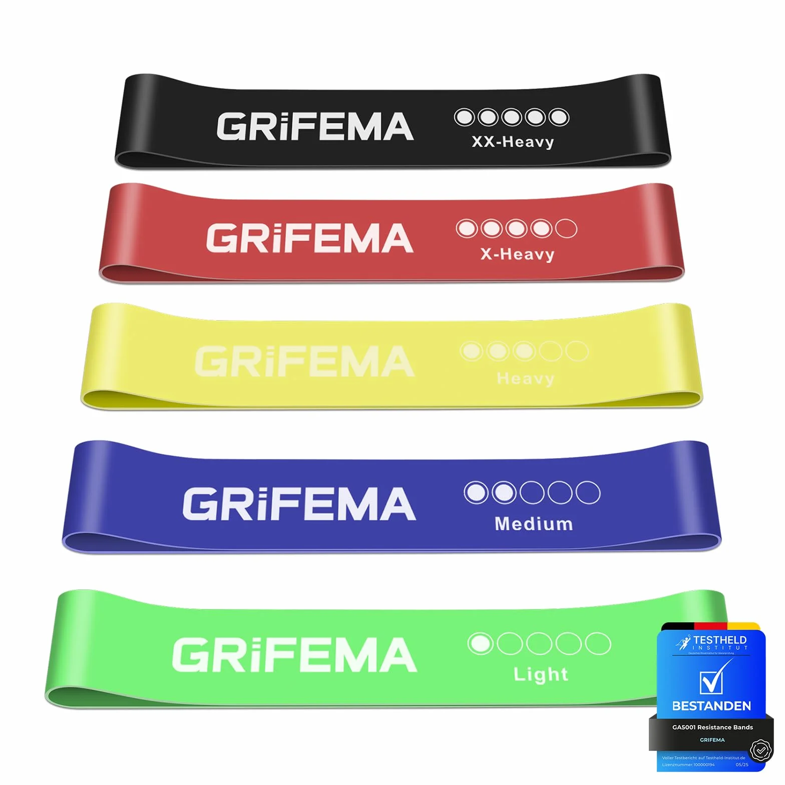 GRIFEMA GA5001 Elastici per Bodybuilding, 5 Livelli di Resistenza, per Yoga, Pilates e Allenamento di Forza