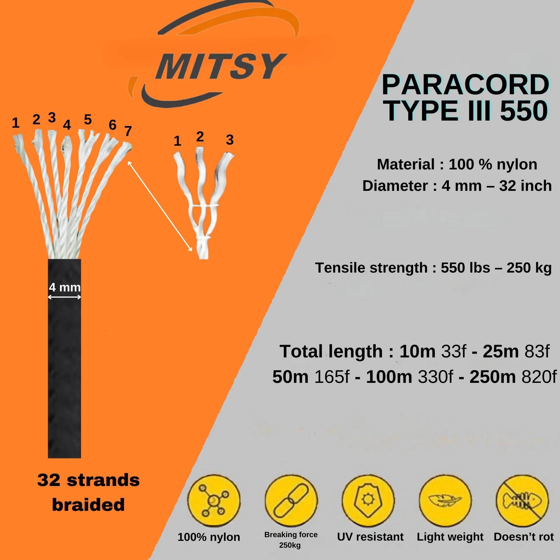 MITSY Paracord Largo 4 mm 25 Metri Giallo Corda Sopravvivenza Attrezzatura Outdoor