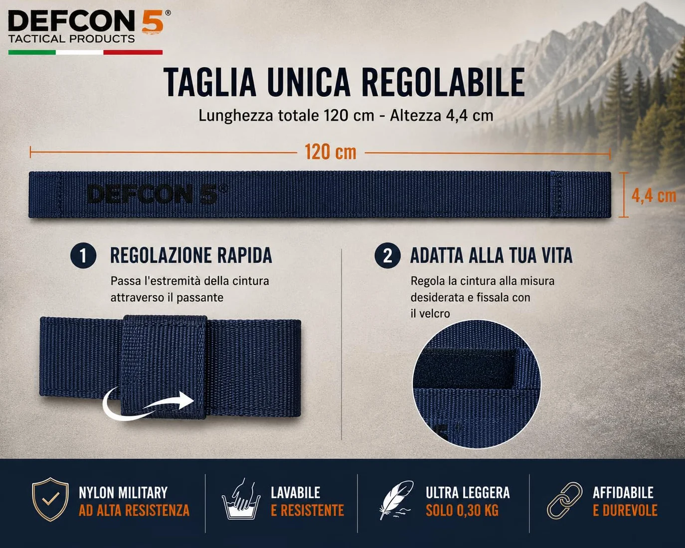 Defcon 5 cintura in nylon regolabile con chiusura a strappo modello D5-BE/VE NB Blue Navy