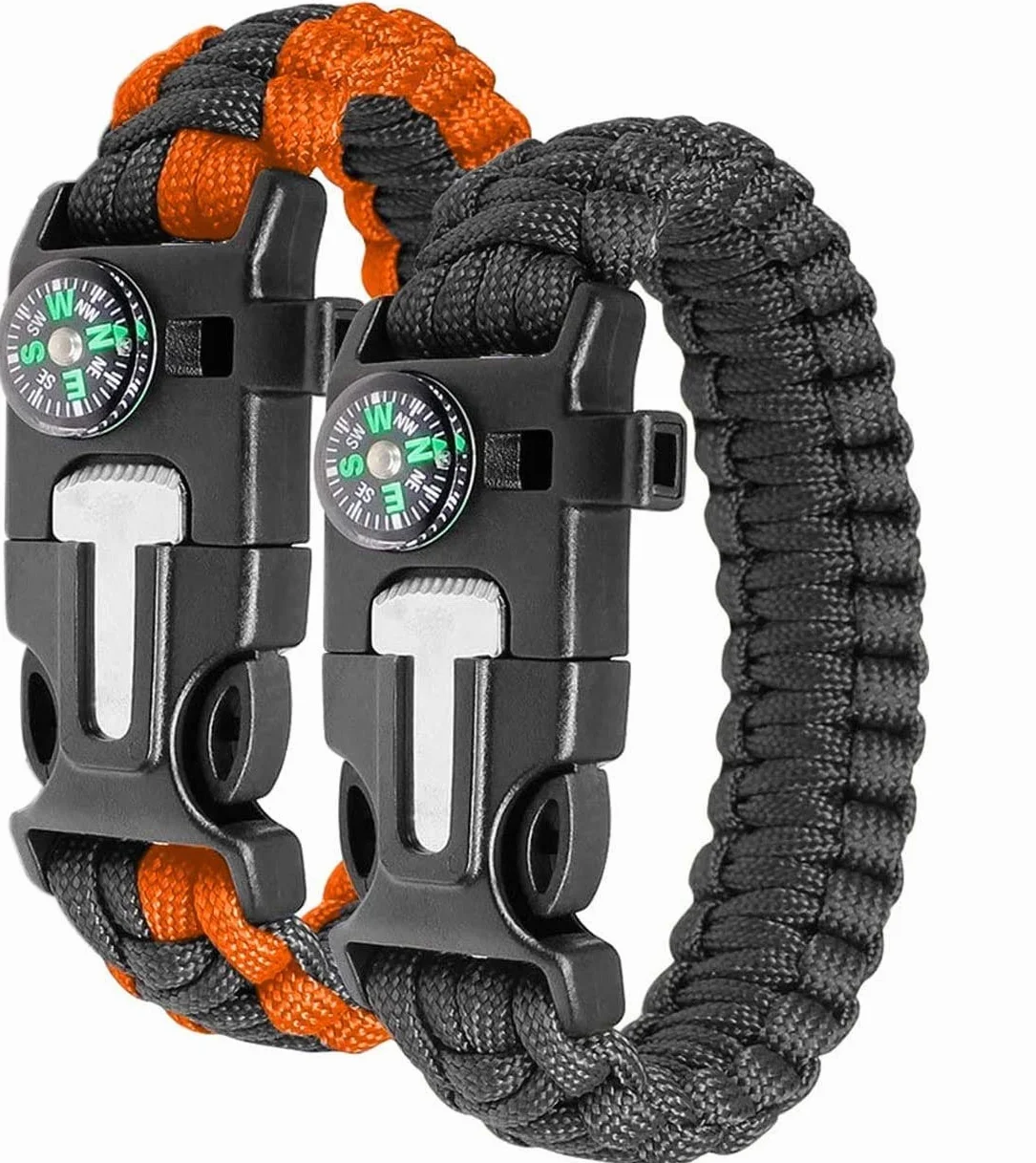 Paracord Survival Bracelet 2-Pack with Compass, Fire Starter, Whistle & Paracord Rope