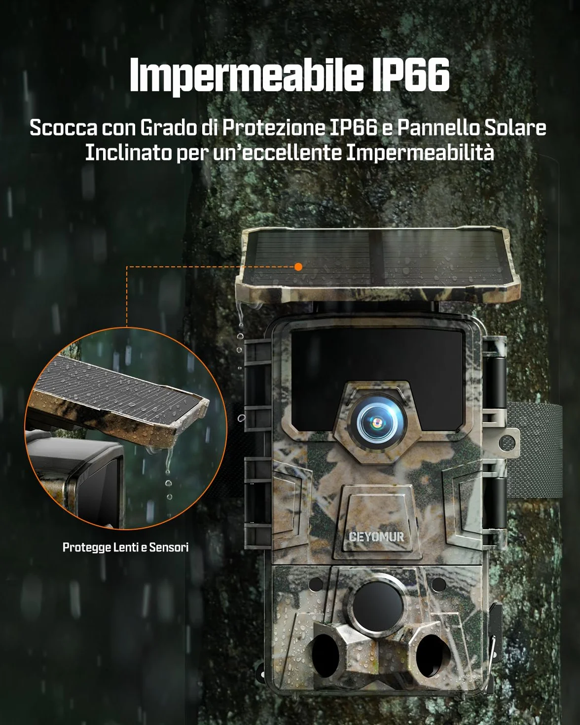 CEYOMUR 4K UHD Fototrappola Solare, Wifi 6 Notturna con 120° Rilevamento, Batteria 5200mAh, IP66, Scheda SD 64GB