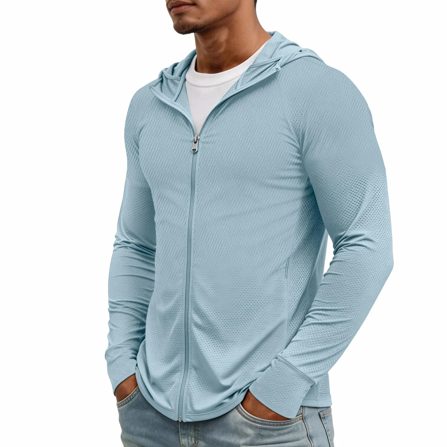 MOKBAY Maglia Anti UV Uomo Pesca Traspirante Running con Cappuccio Slim Fit Tecniche Maniche Lunghe Maglia UPF 50 Uomo Estiva Tecnica Leggera Anti UV T Shirt