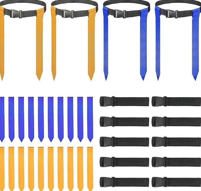 Set di cinture da calcio regolabili per 14 giocatori, bandiere da calcio per competizioni sportive (giallo e blu)