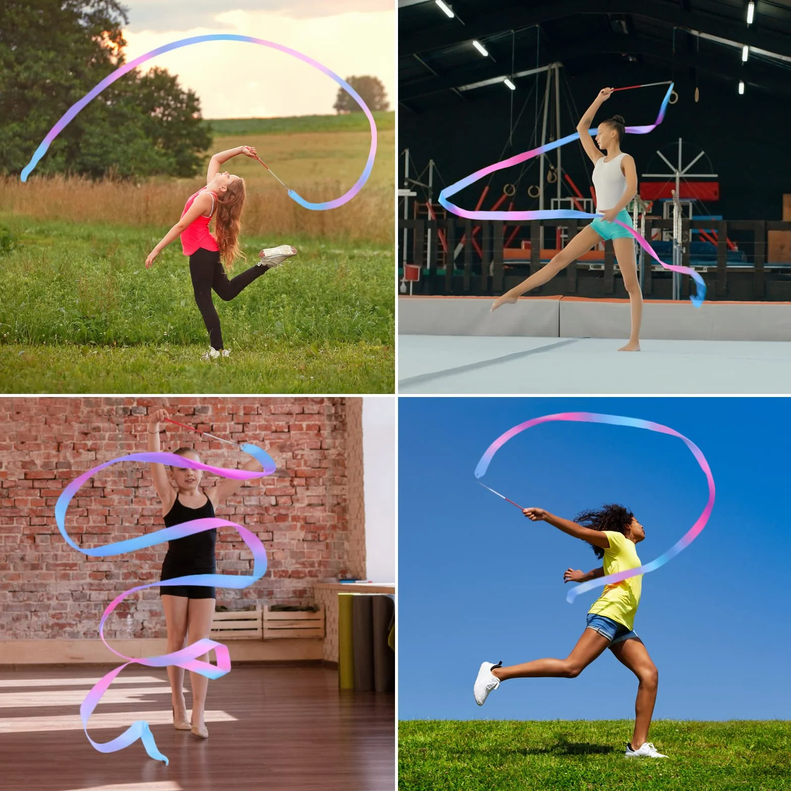 Nastri da Danza 2 Fasce Colorate per Ginnastica Ritmica con Bastone per Scuola e Gioco