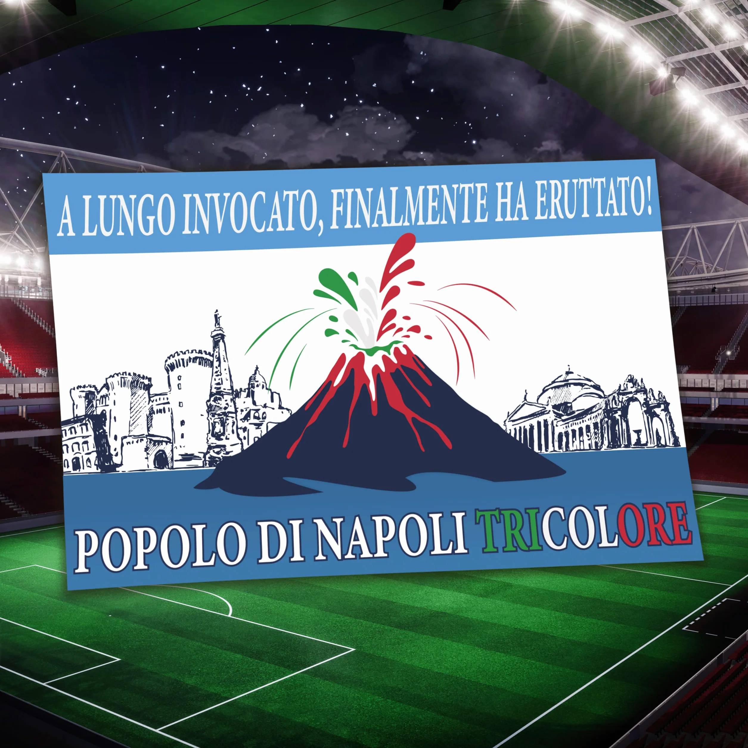 Bandiera 4° Scudetto Popolo di Napoli - Bandiera "Vesuvio Erutta" 90x150 cm - Gadget 4° Tricolore - Regalo Tifoso Calcio, Senza Asta