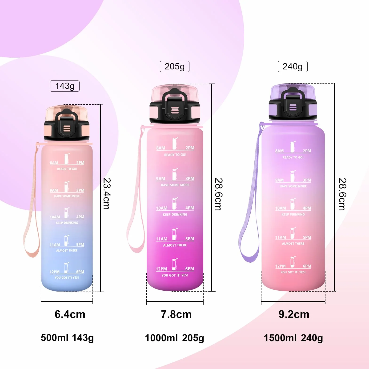 Borraccia Sport 1,5L con Filtro Senza Perdite e Indicatore del Tempo per Campeggio, Viaggio, Gym