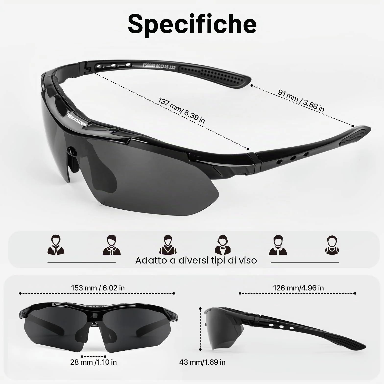 FREE SOLDIER Occhiali da Sole Polarizzati Uomo 5 in 1 Ciclismo MTB Tattici Militari Anti-UV400 Protezione Sport All'aperto