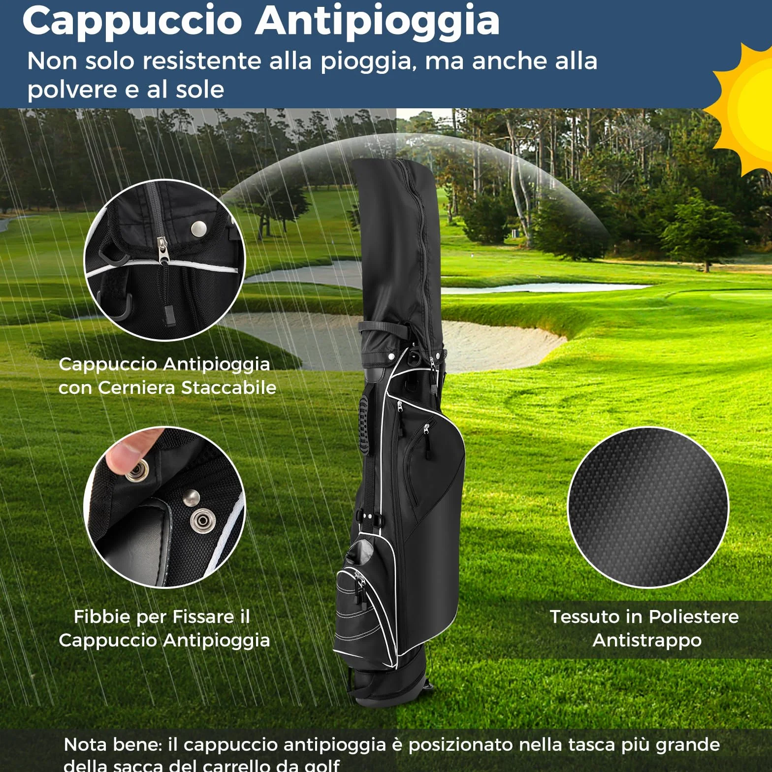 COSTWAY Sacca da Golf con Supporto, Borsa da Golf a 4 Scomparti con 4 Tasche con Cerniera, Borsa Frigo, Tracolla Doppia, Cappuccio Antipioggia, Supporto per Ombrellone
