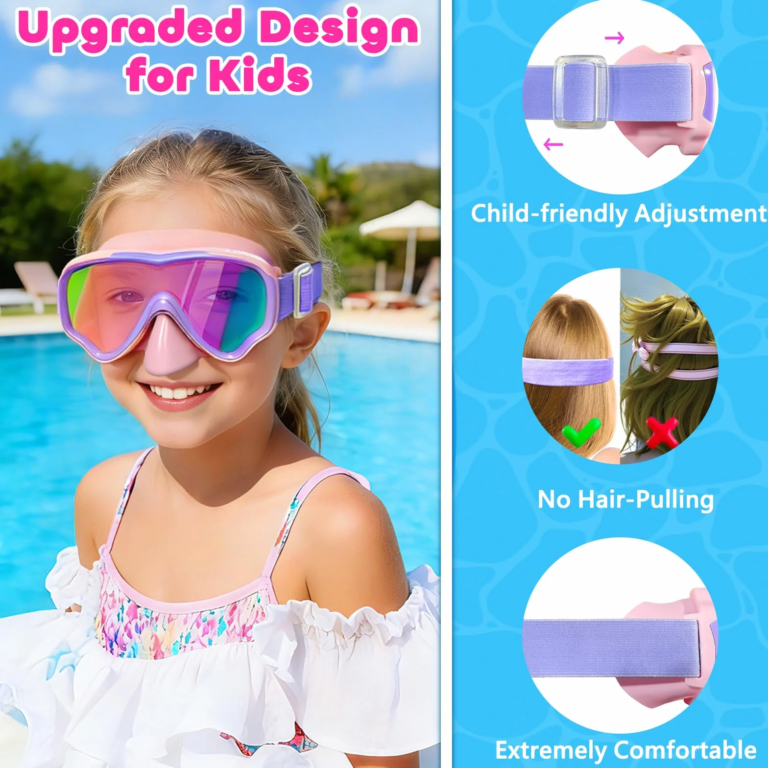 Occhialini Nuoto Bambini con Protezione UV e Cinturino in Tessuto Morbido, MOMUSE Occhialini Piscina Bambino con Copertura per il Naso 3D, Maschera Snorkeling per Bambino Bambina 3-14 Anni