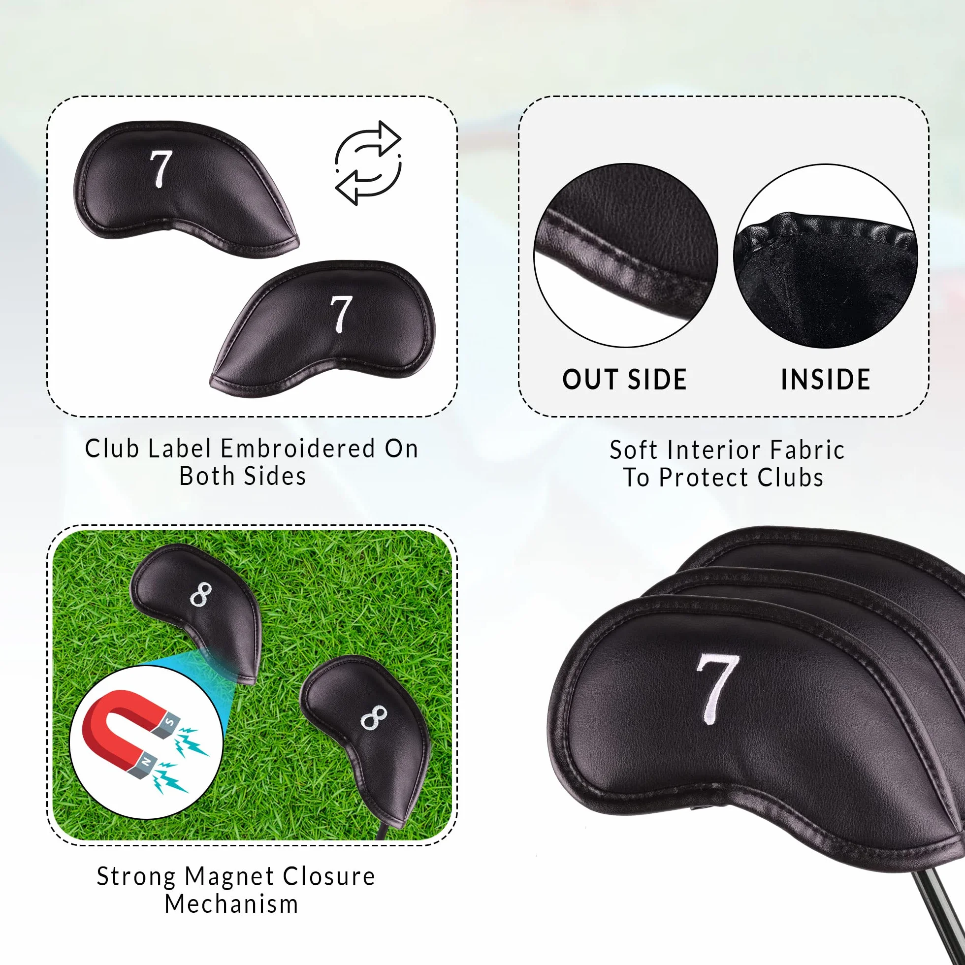 Set di 10 copritesta per mazze da golf in pelle magnetica con zeppa