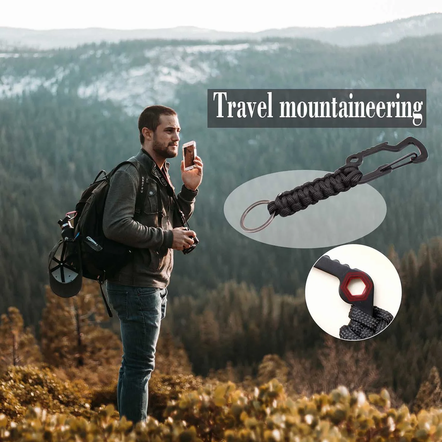 Portachiavi Paracord con Moschettone e Clip Molle per Campeggio Escursionismo Caccia Pesca