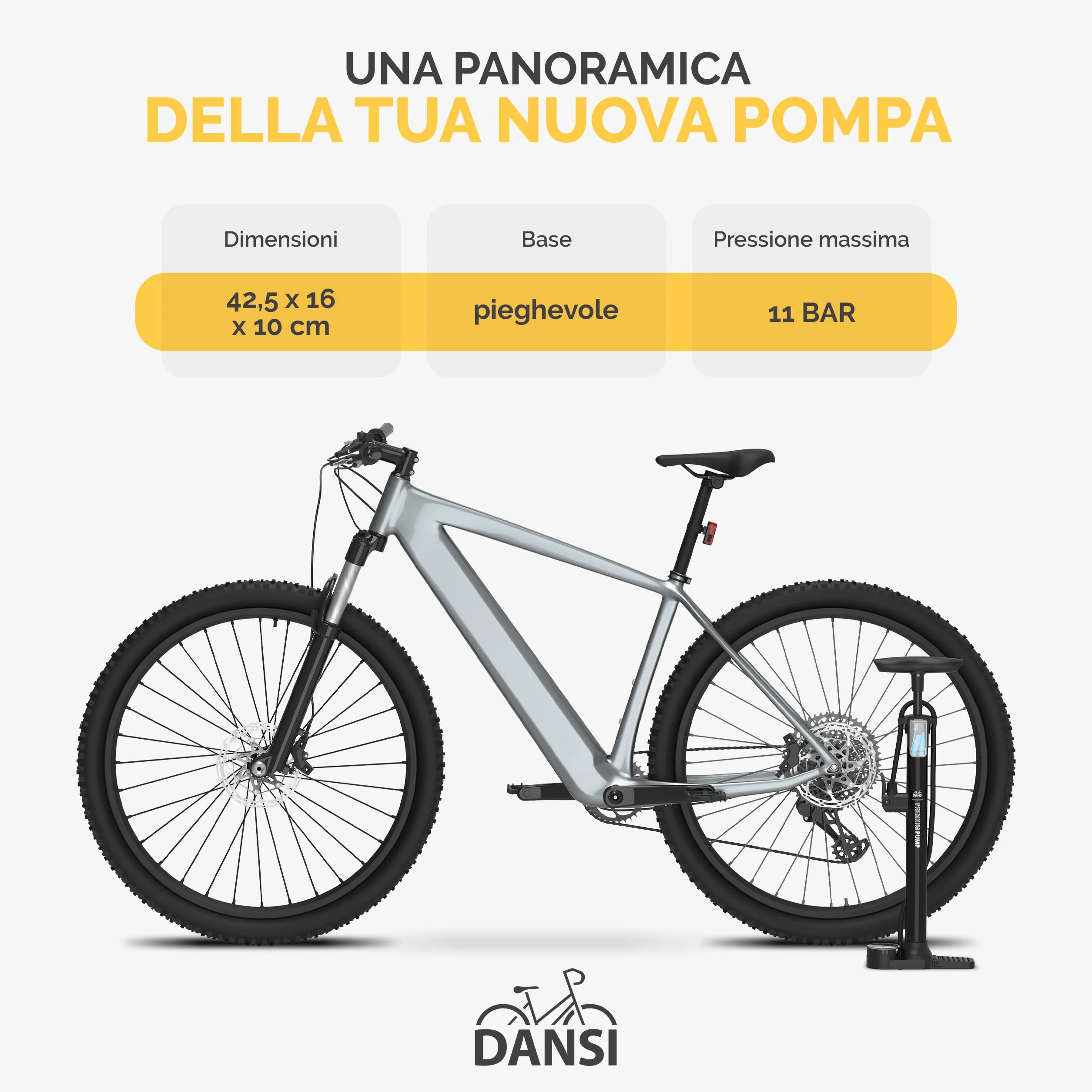 DANSI Pompa per bicicletta a pedale con manometro grande, adattatori e serbatoio AV/SV/DV per bici, moto, auto