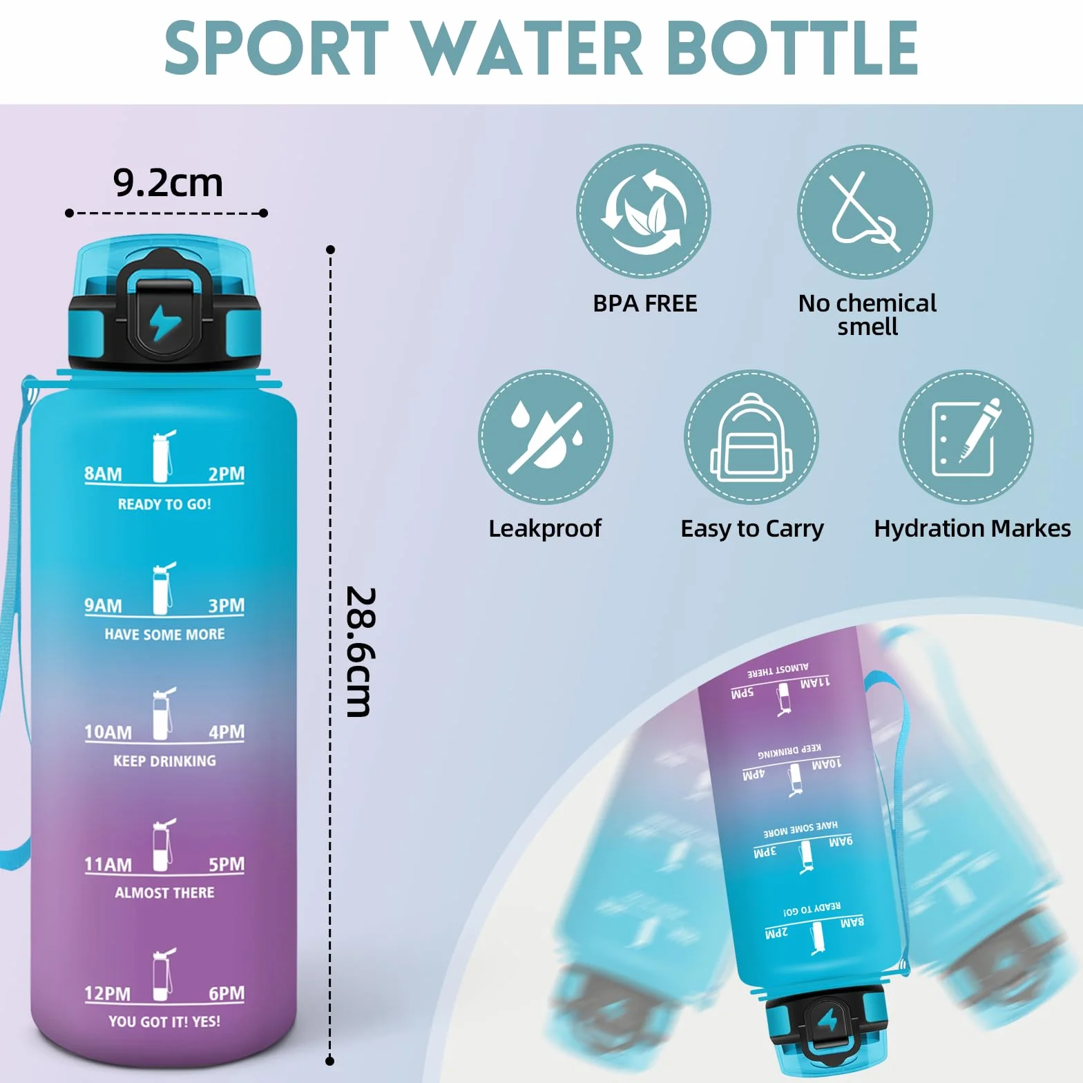 Motswedi Borraccia 1,5l Motivazionale a Prova di Perdite Bottiglia Palestra con Marca Temporale Blu&Viola