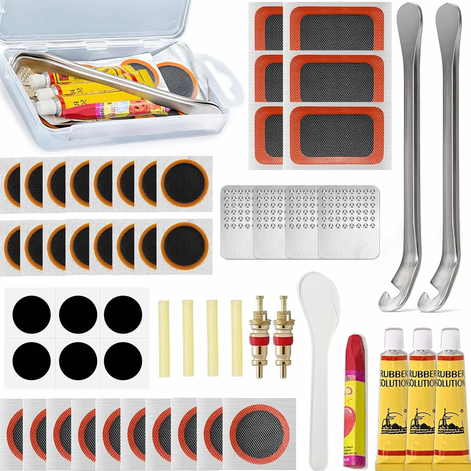 Kit Riparazione Bici 44-56 Pezzi, Toppe Rotonde Gomma Autoadesive, Attrezzo Multifunzione, Contenitore Portatile