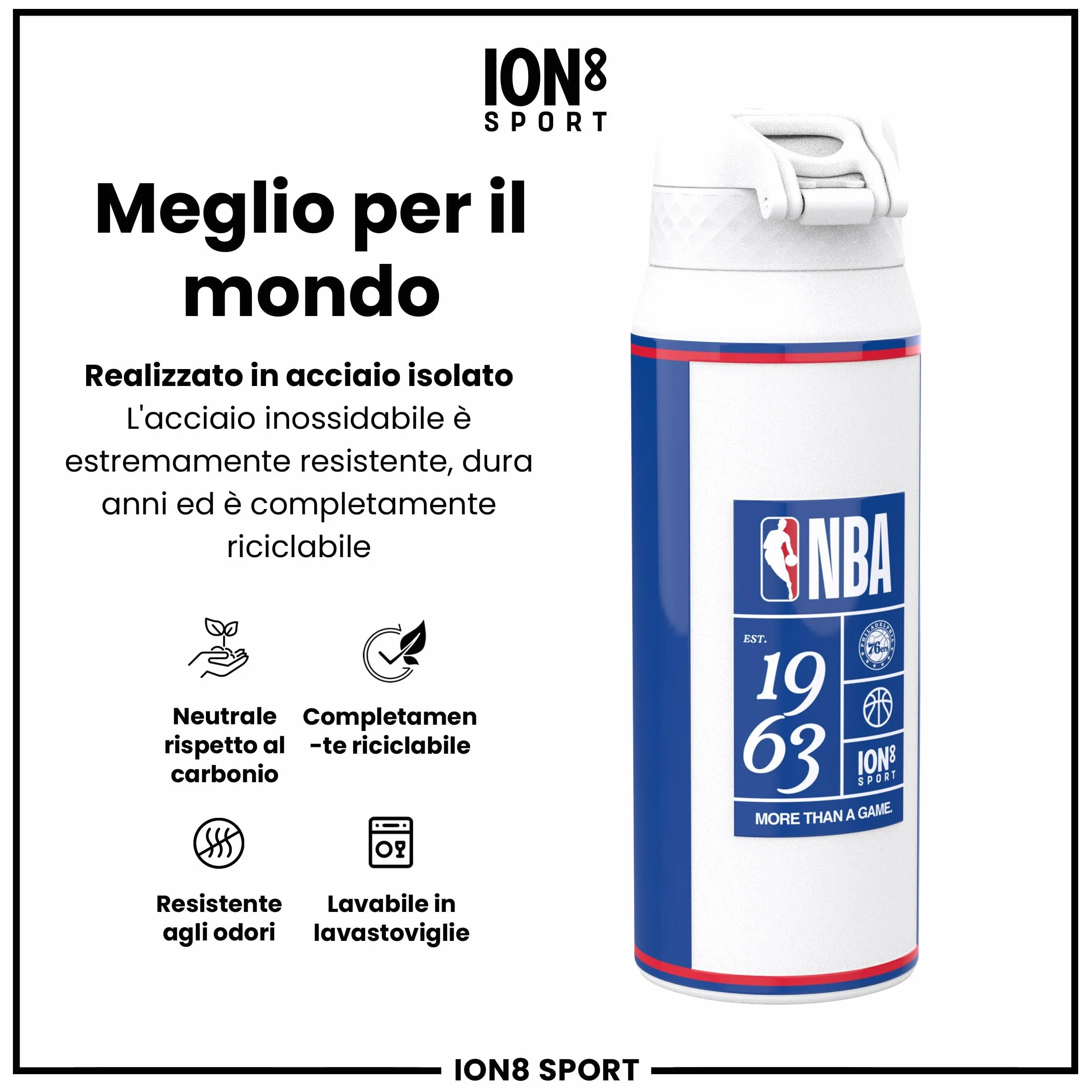 Ion8 NBA Borraccia, a Prova di Perdite, Facile da Aprire, Serratura Sicura, Lavabile in Lavastoviglie, Maniglia per il Trasporto, Facile Pulizia