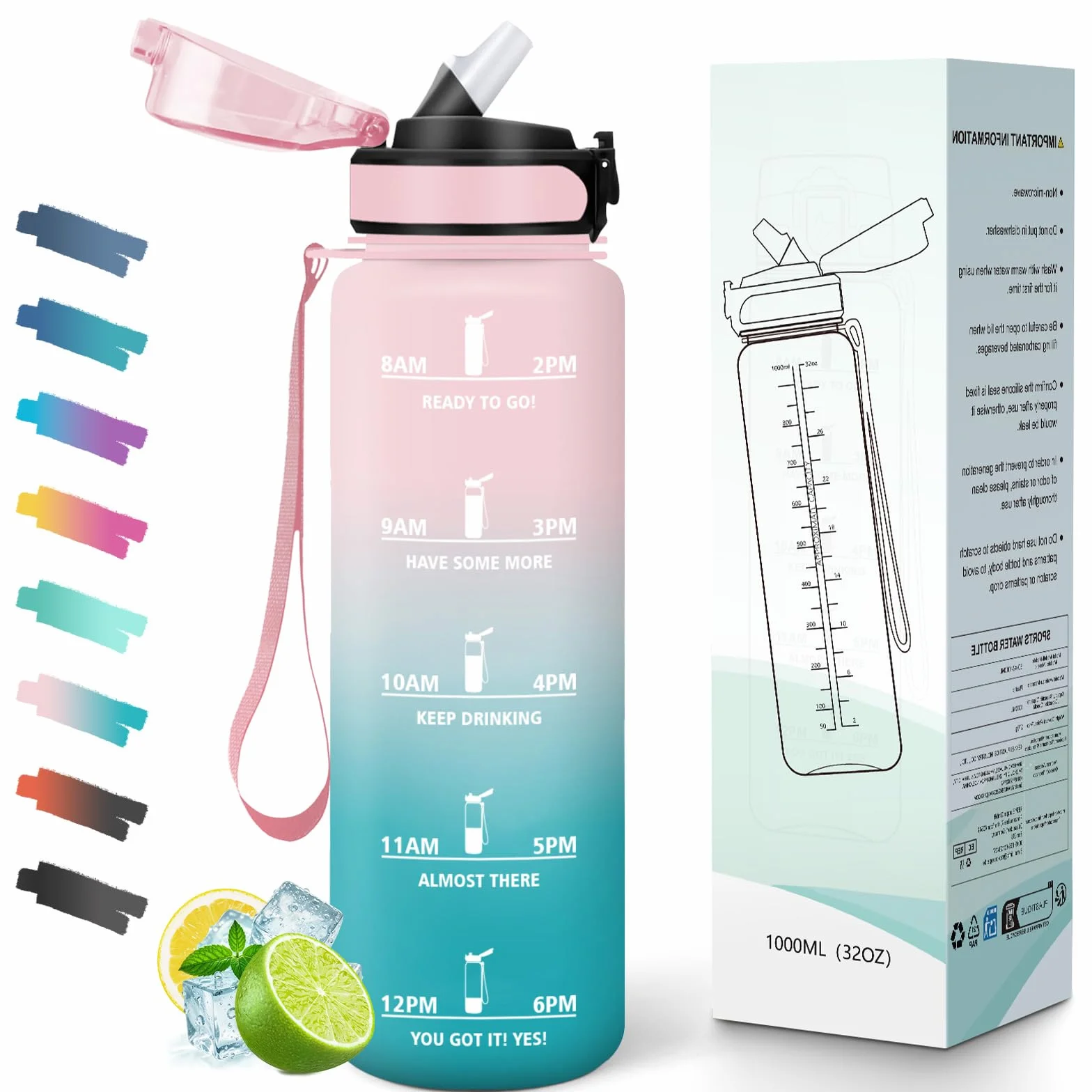 Borraccia con Cannuccia 1 Litro BPA Free Motivazionale Bocca Larga Antigoccia Bottiglia Acqua Palestra