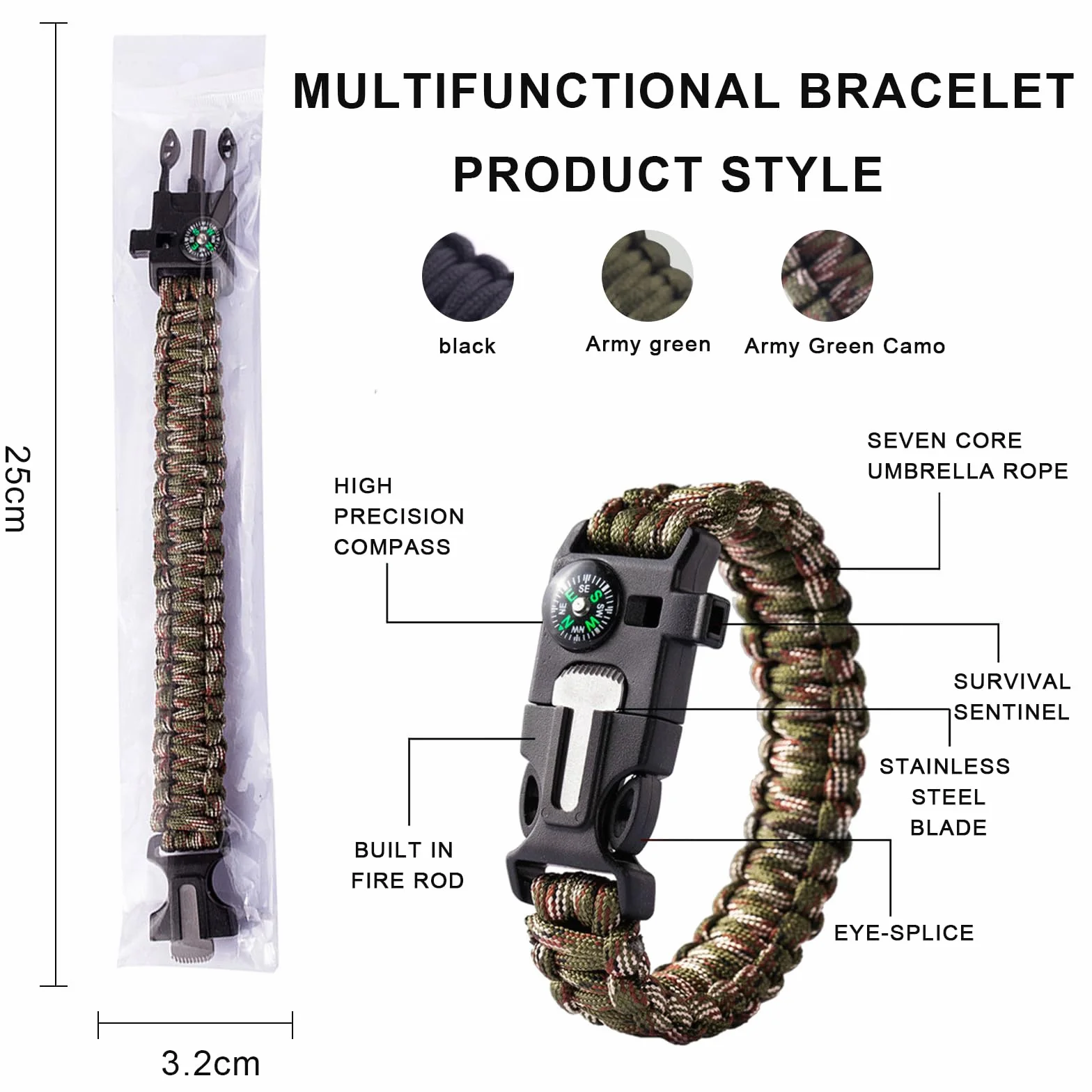 Braccialetto Paracord Sopravvivenza 6 Pezzi per Escursionismo Campeggio Emergenza Caccia Pesca