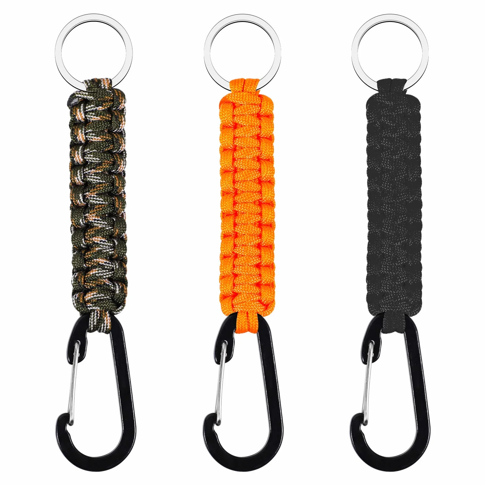XREE 3 Pezzi Portachiavi Paracord, Cintura Portachiavi Gancio Portachiavi con Corda con Moschettone per Sopravvivenza Campeggio Escursionismo (Nero&Arancione&Camouflage)