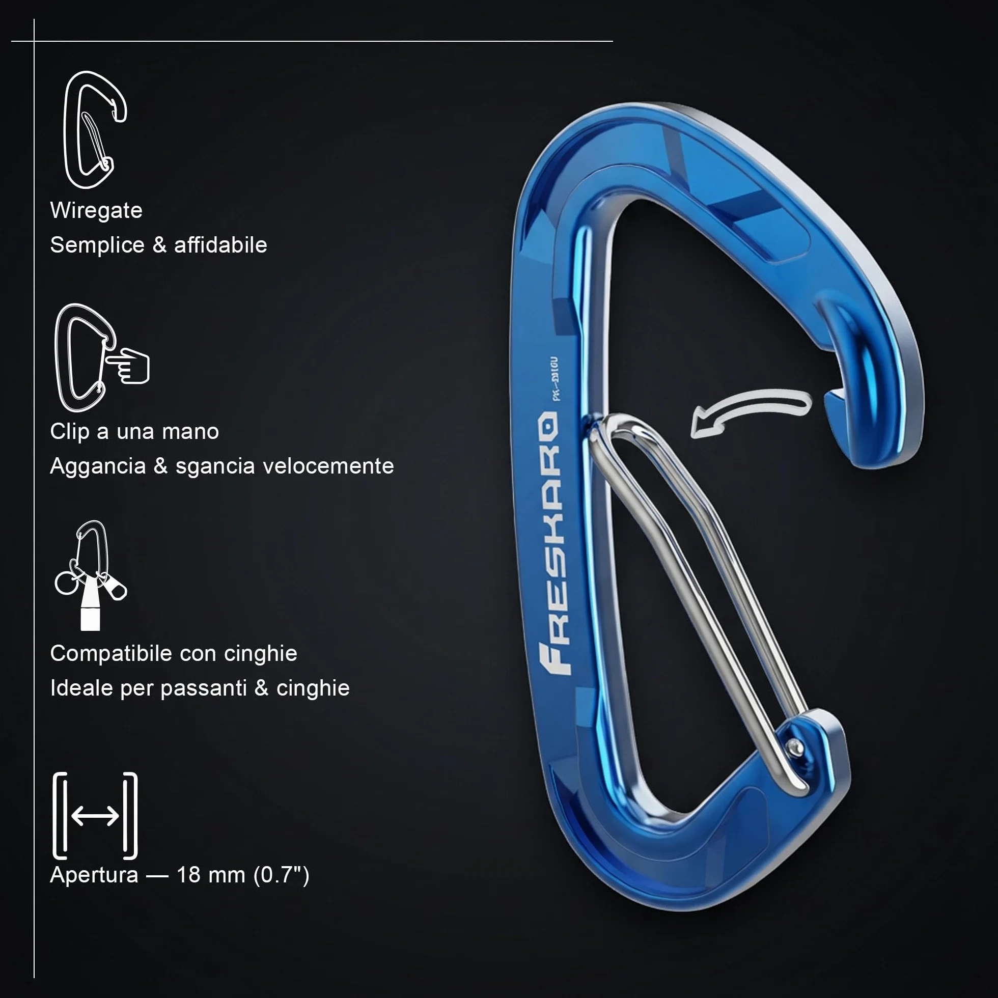 FresKaro Moschettone Wiregate 15kN 7075 Alluminio Aeronautico Ultralight Clip Portachiavi EDC