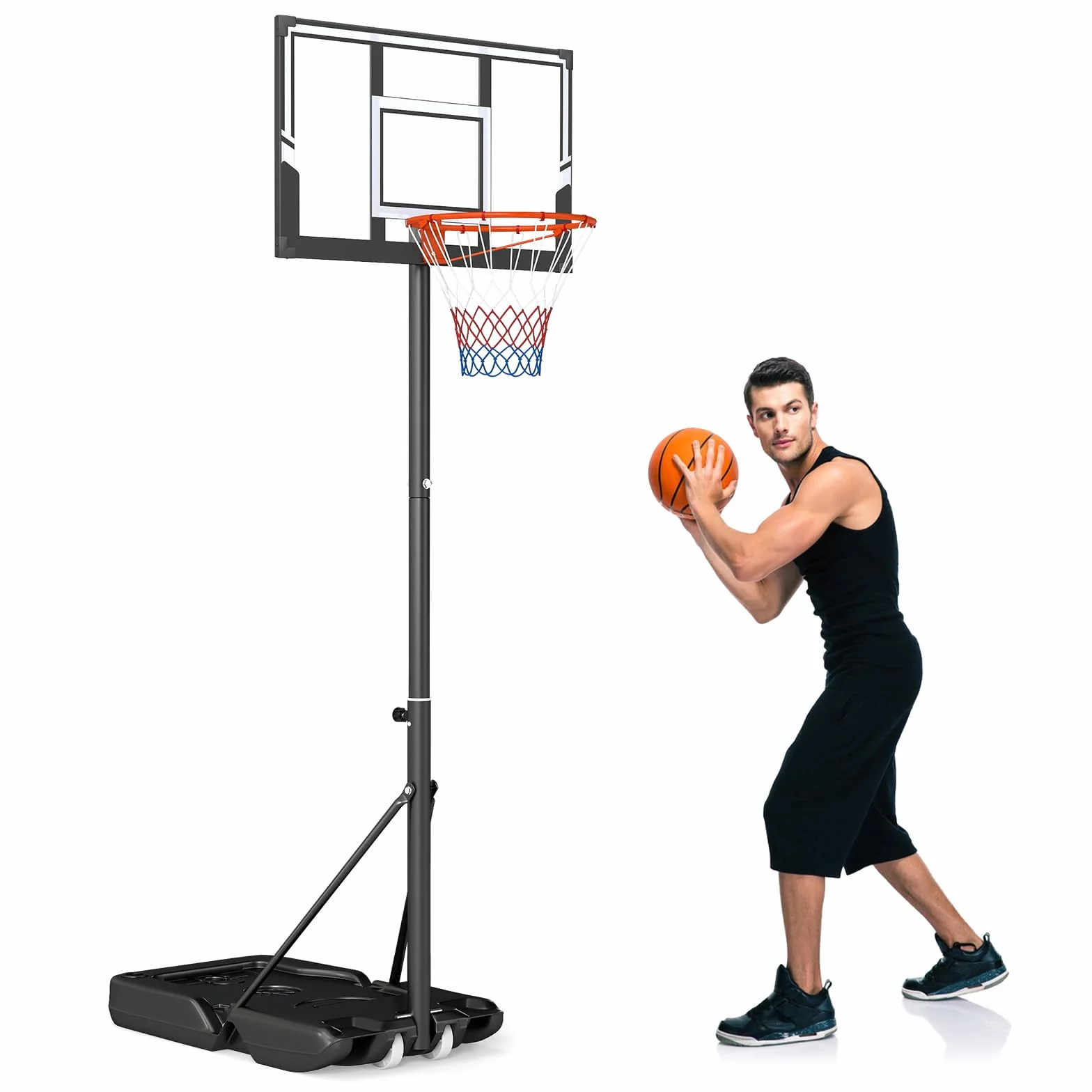 COSTWAY Canestro da Basket da Esterno, Canestro da Basket Portatile e Regolabile in Altezza 1-3M, con Tabellone Antiurto e Ruote per Adolescenti ed Adulti da Giardino, Piscina e Campo