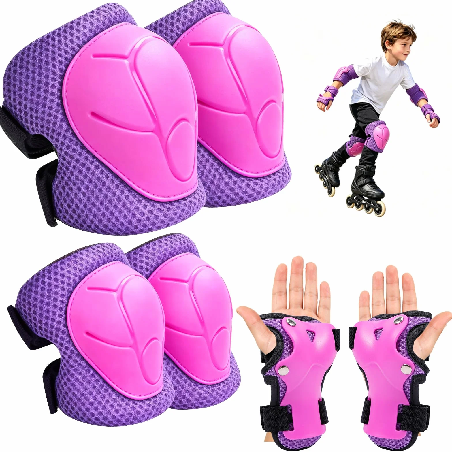 Kit Protezione Bambini 6 in 1, Ginocchiere Gomitiere Polsiere Regolabile, Attrezzatura Protettiva per Skateboard Pattinaggio Scooter Bicicletta