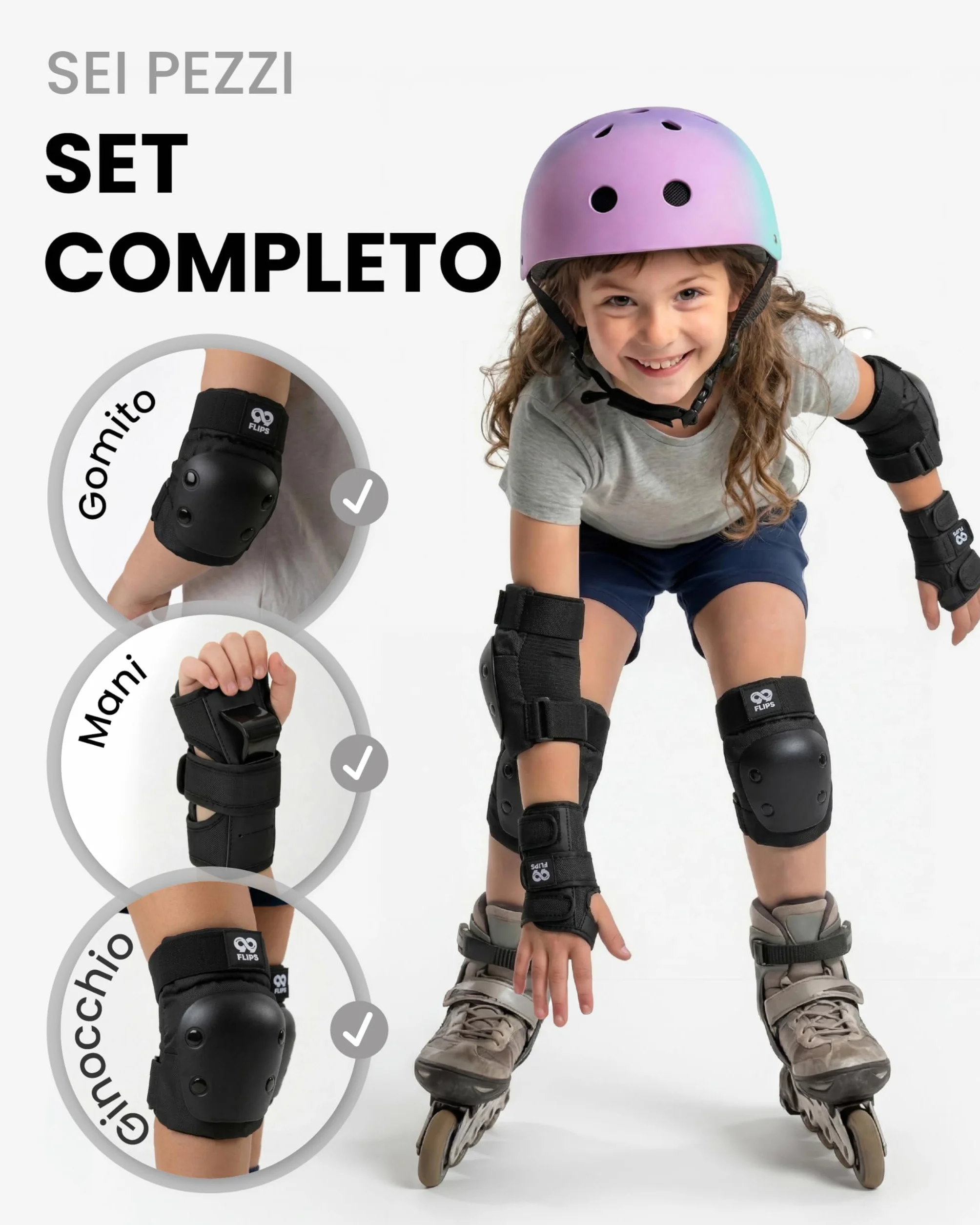 99FLIPS Protezioni Pattini Bambina Ginocchiera Bambini Set Protezione Skateboard NERO XS