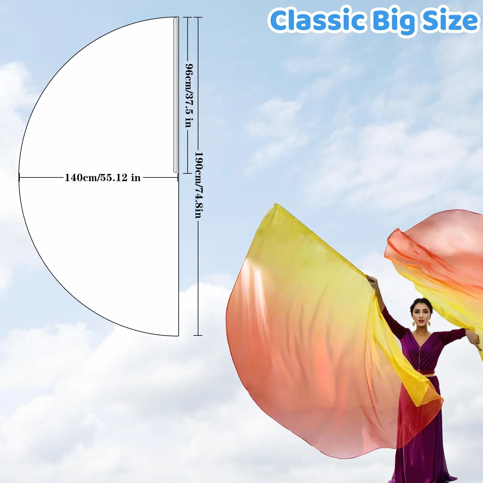 2 Sets of 55 x 78" Dance Metallic Semicircle Worship Angel Wing Flags with Scalable Rods - Praise Flags Worship Silk Flex Flag for Dance Church Performance-yellow-red