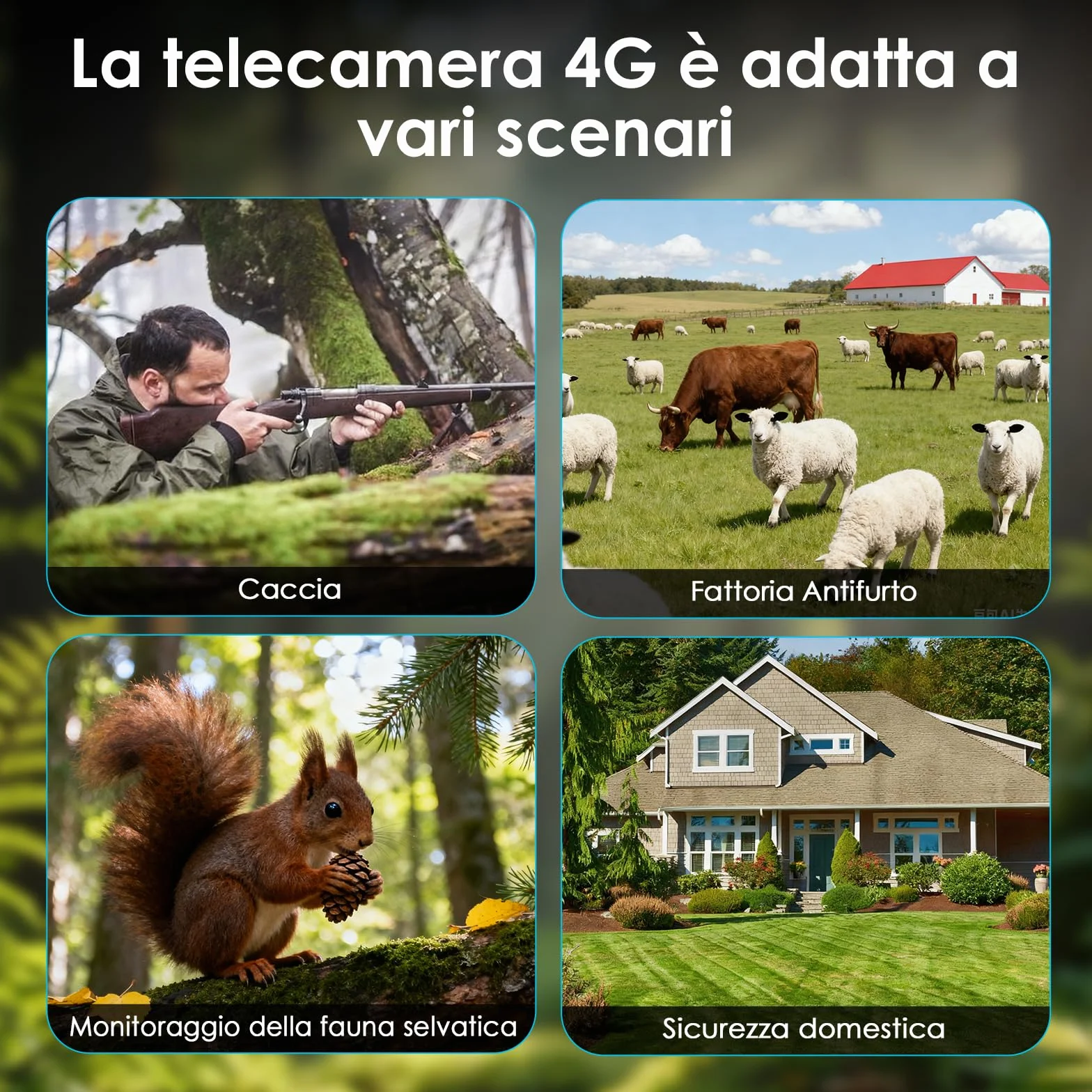 WOLFANG Fototrappola 4G 2K 48MP HD Fotocamera Caccia con Batteria 5200 mAh Infrarossi IP66