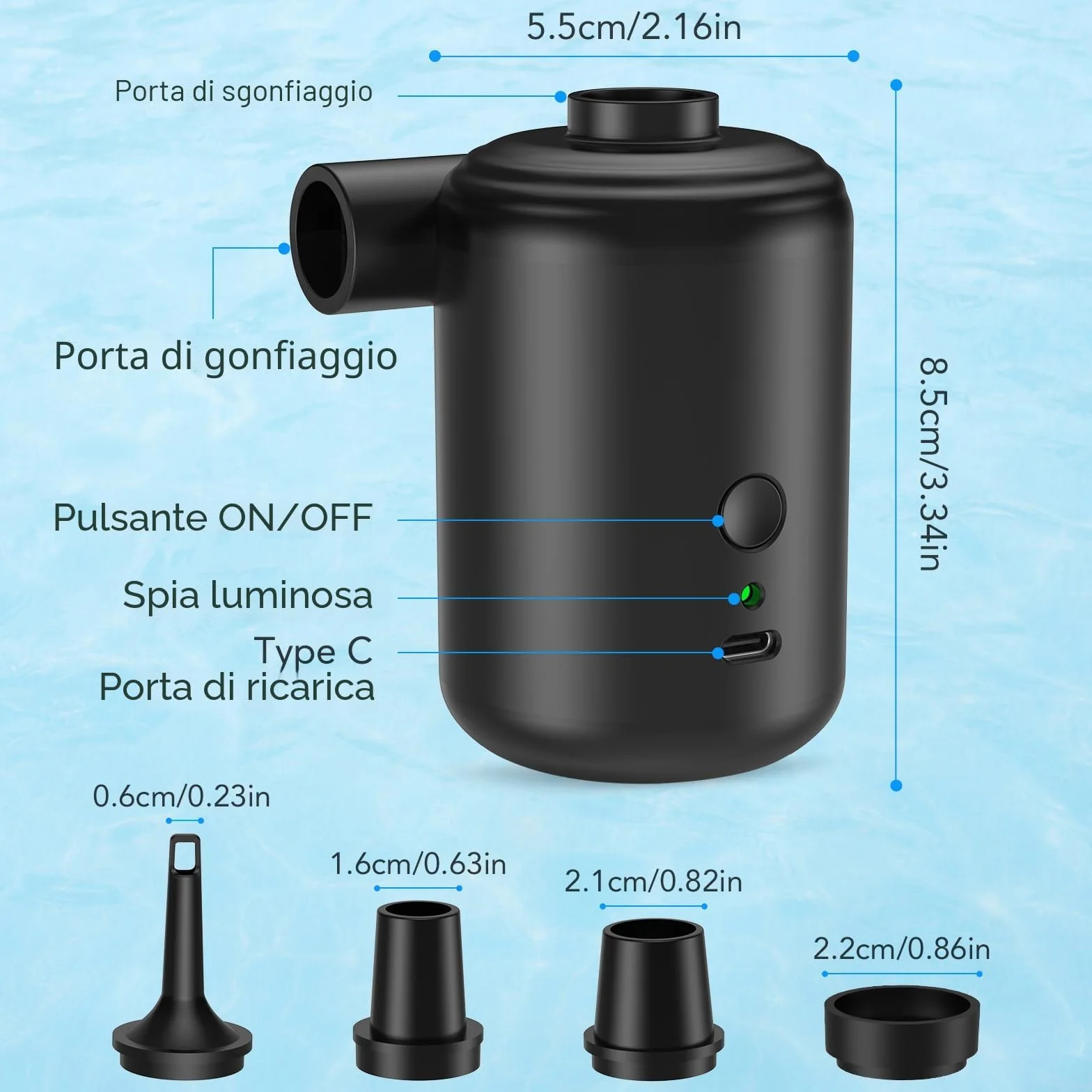 Pompa Elettrica Portatile 2 in 1 Gonfiaggio e Sgonfiaggio con 4 Ugelli per Campeggio Materassi ad Aria Piscina
