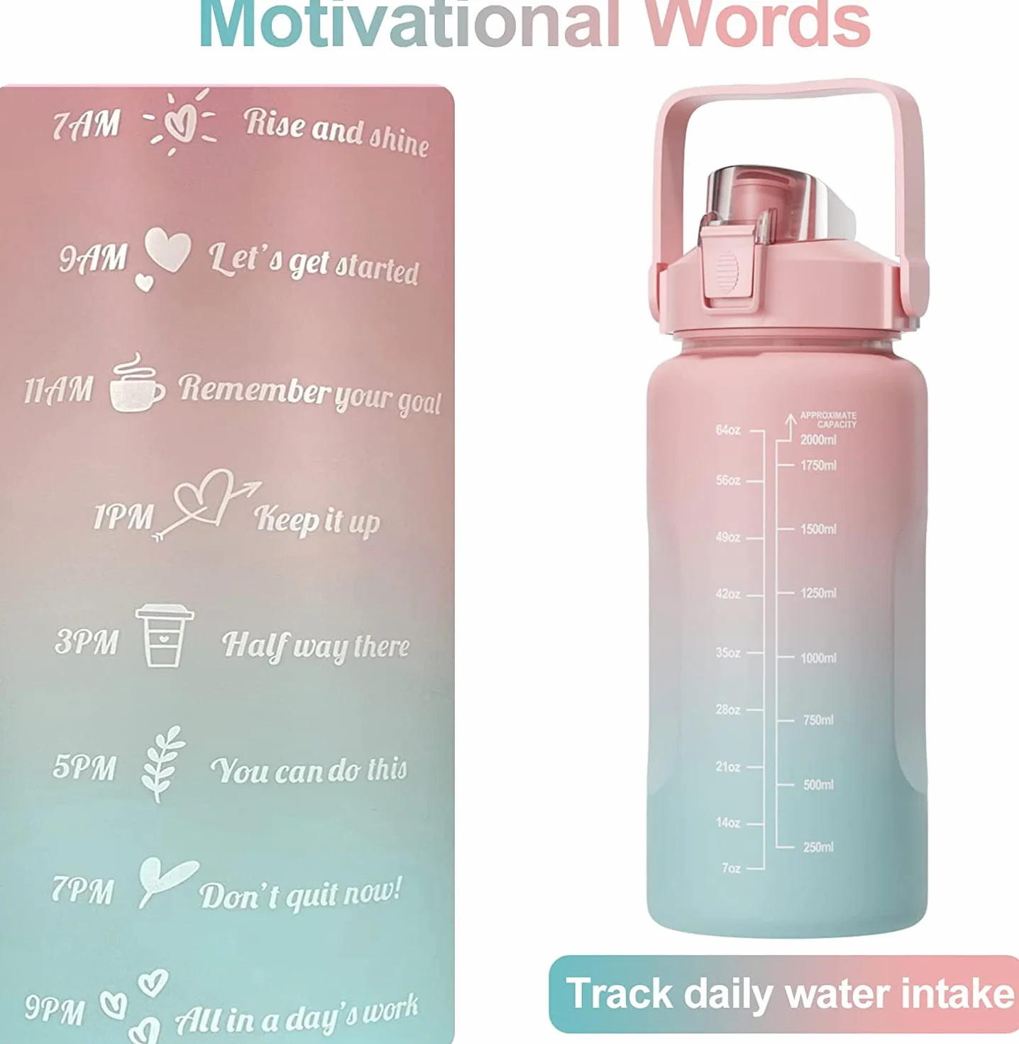 Borraccia con Cannuccia 2 Litro Sportiva Senza BPA, Indicazioni Graduate, Rosa