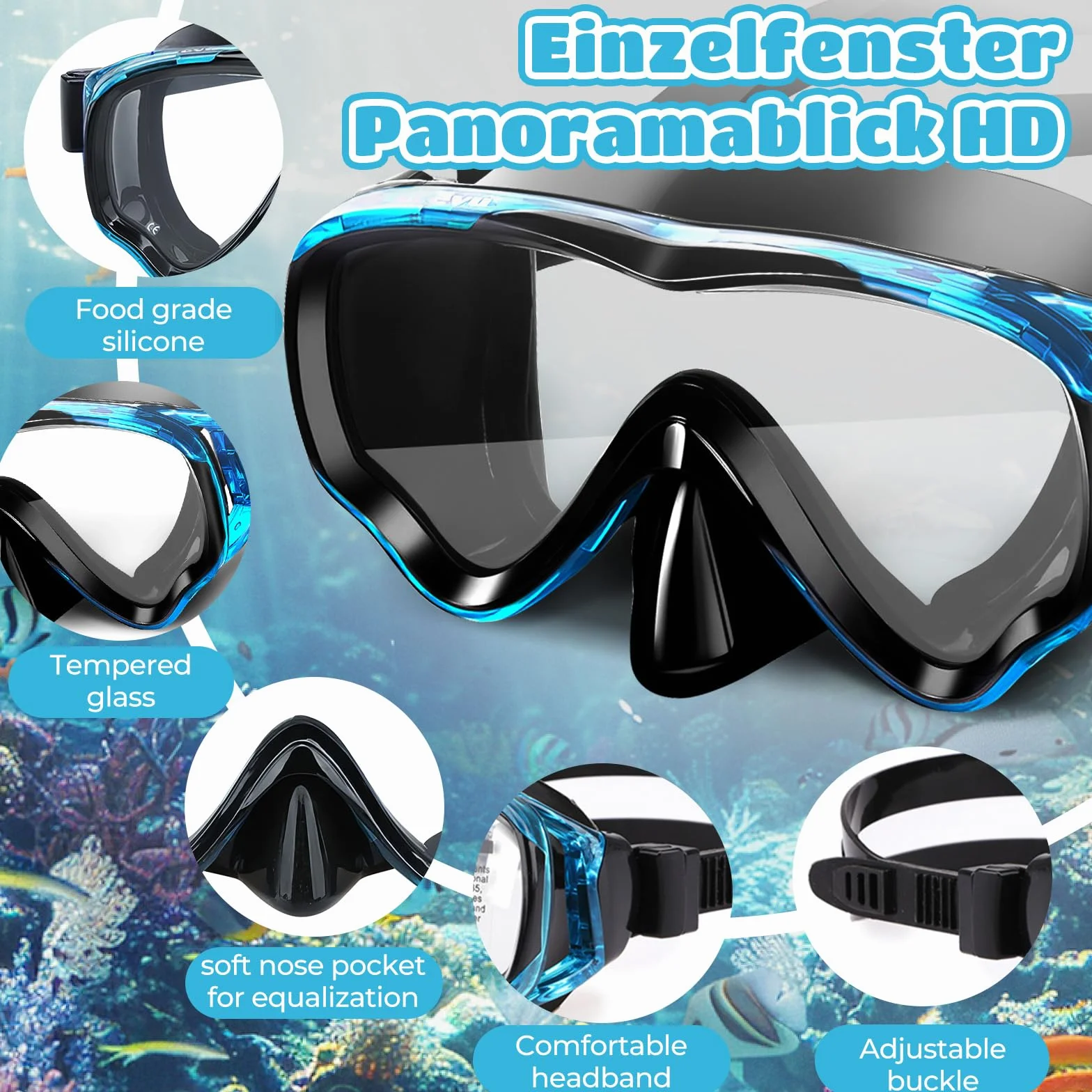 Set da snorkeling per bambini, maschera da immersione panoramica, in vetro temperato, per bambini
