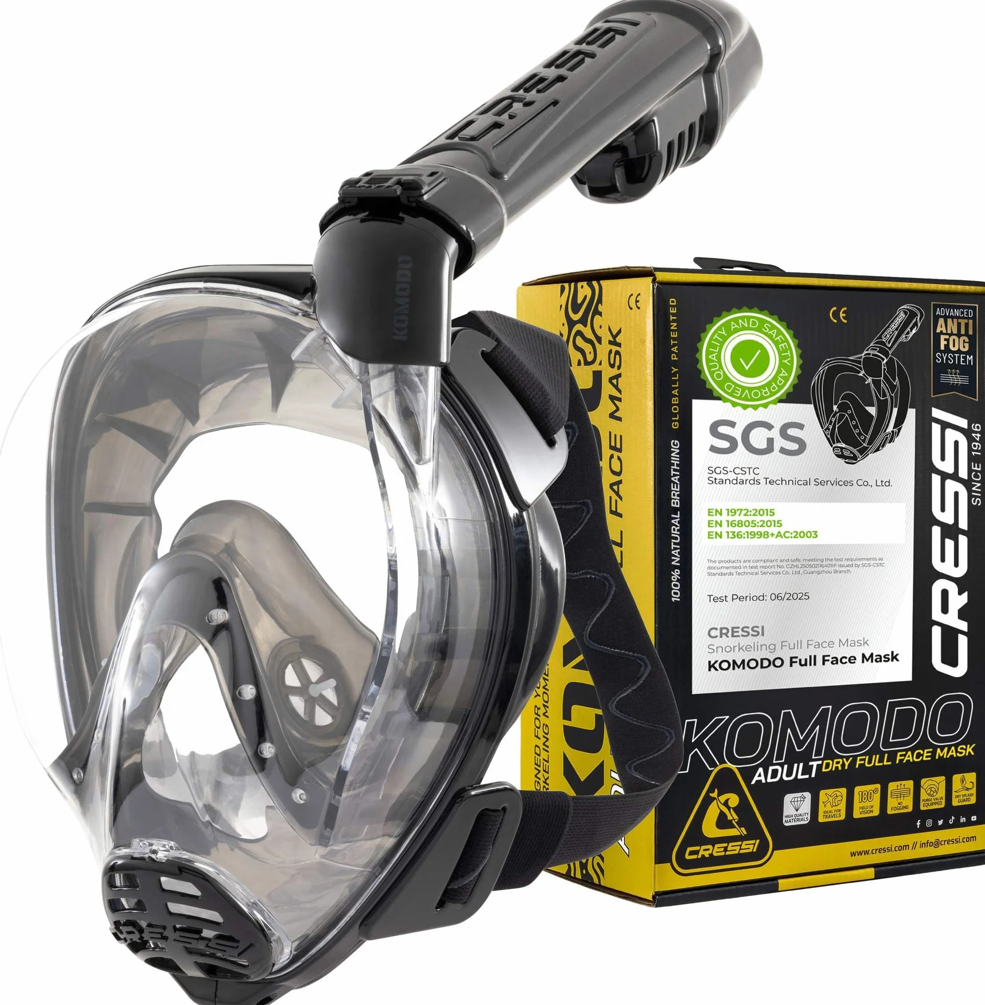 CRESSI dal 1946-Komodo Full Face Maschera Integrale Dry da Snorkeling Visione a 180°-CO2 Sicuro-Silicone 100% Anti Appannamento-Snorkel Laterale-Cinghie Elastiche Regolabili