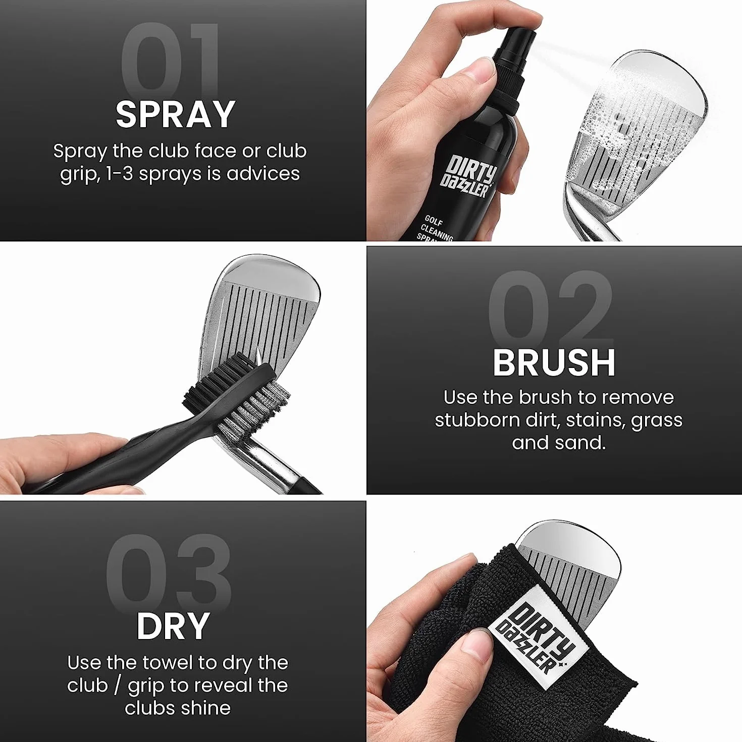 Kit Pulizia Mazze da Golf 3 Pezzi - Spazzola per Scanalature, Panno e Detergente Spray