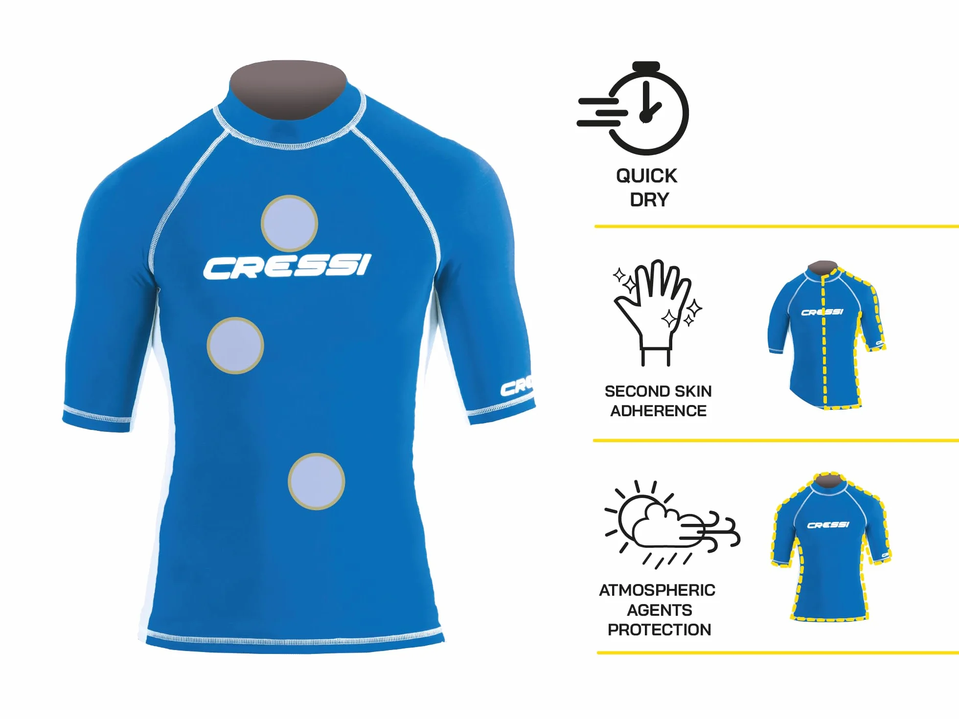 CRESSI Rash Guard Man Short/SL - Maglietta Uomo Manica Corta Tessuto Elastico Avvolgente Antiabrasione, T Shirt Tecnica Snorkeling Immersione Surf, Muta Sub Maglia Tecnica Protezione Raggi UV UPF 50+