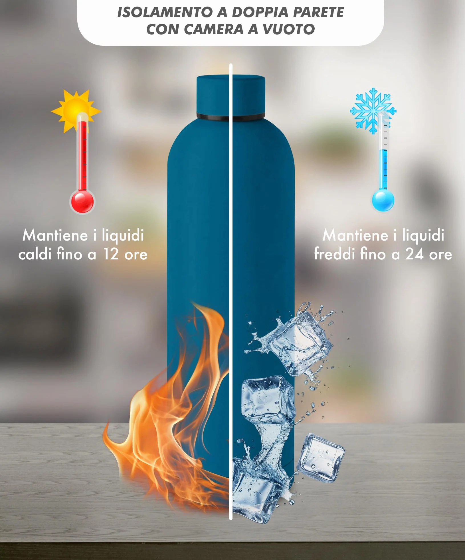 Borraccia Termica Grande 1 Litro Acciaio Inox Doppio Strato 1000 Ml Tappo Antigoccia Termos Sottovuoto - Blu
