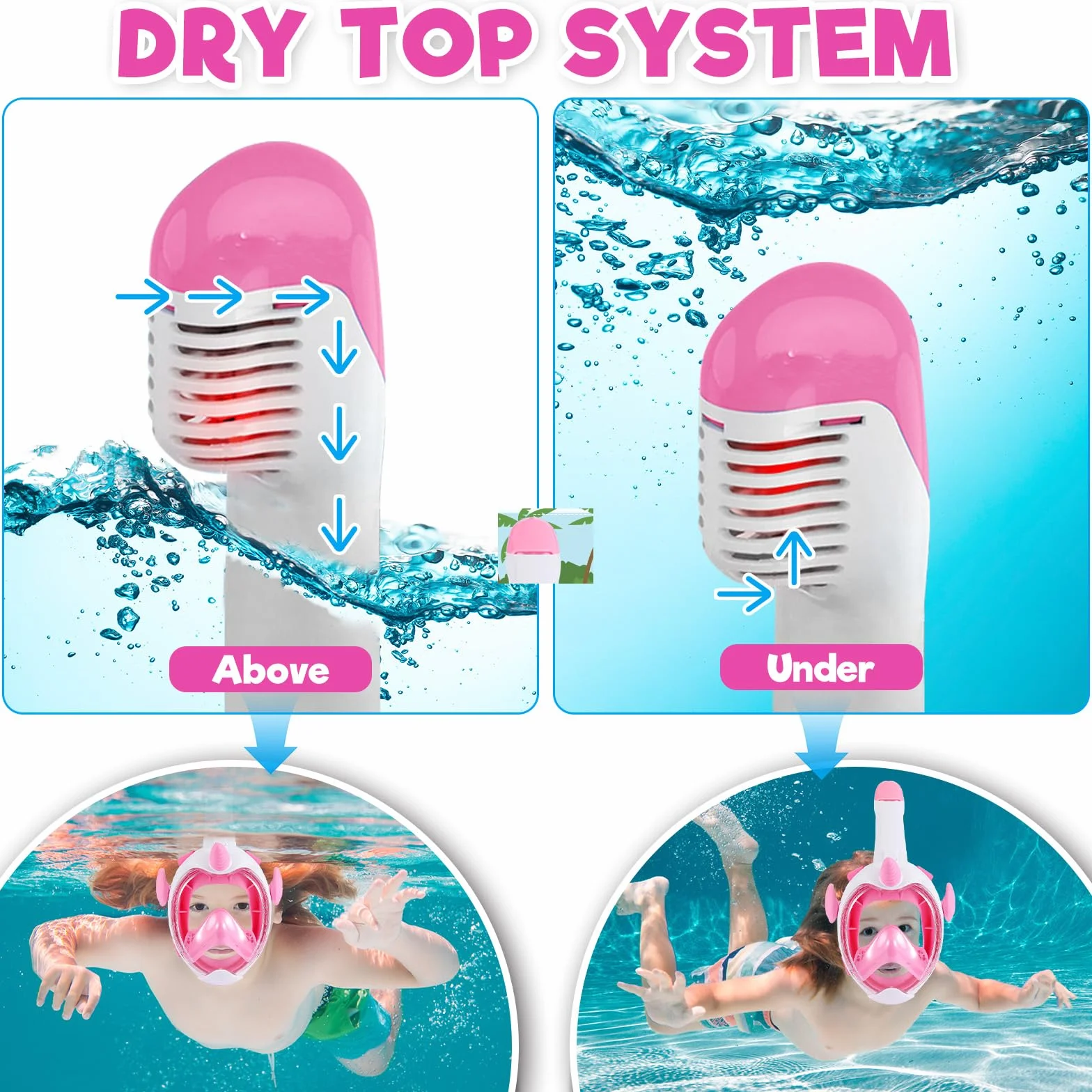 Maschera Snorkeling Integrale Bambini 3-12 Anni Vista Panoramica 180° Anti Appannamento Rosa XS