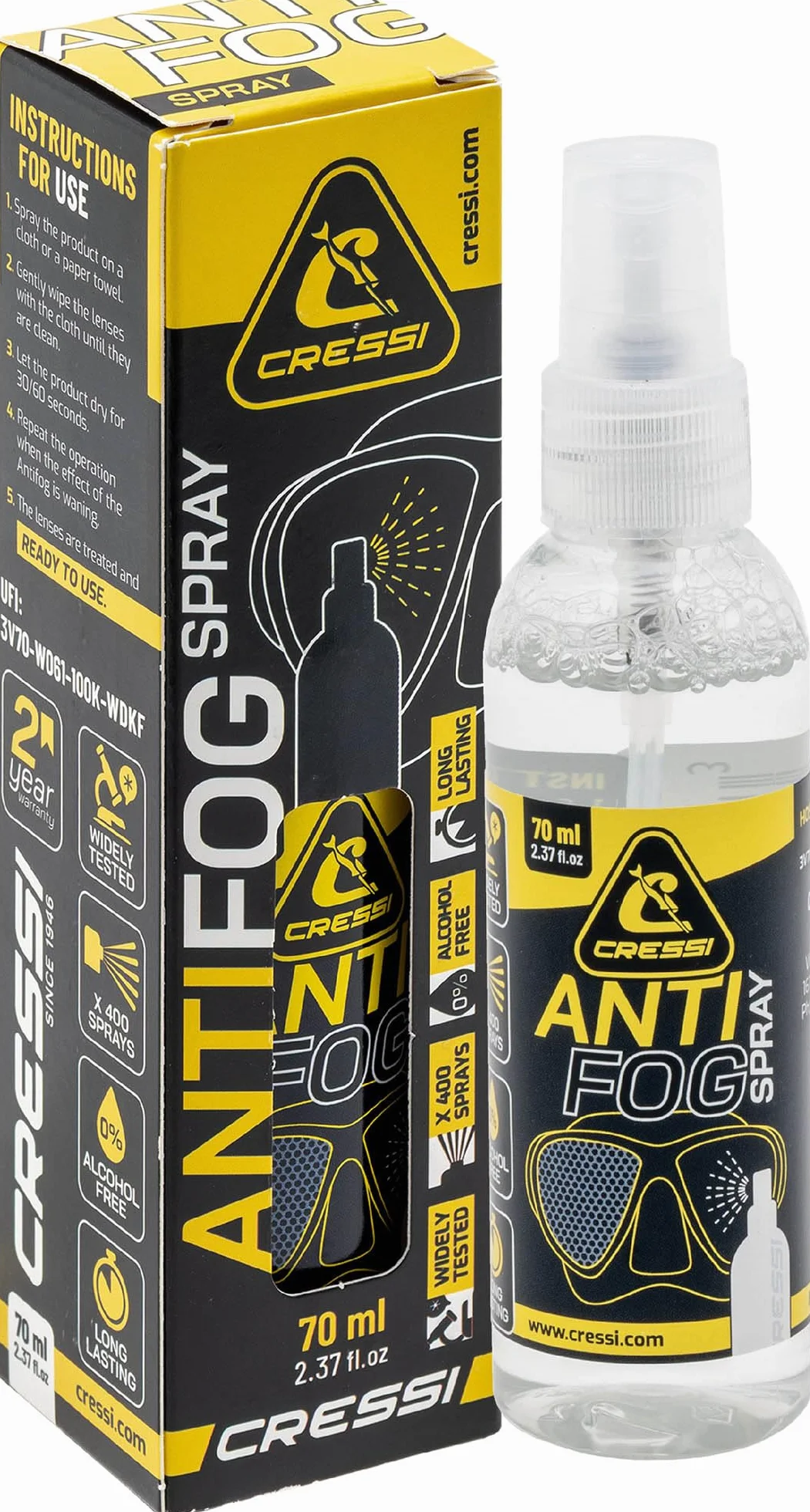 Cressi dal 1946 - Anti Fog Spray 70 ml per Maschere Sub e Occhialini Nuoto, Trasparente, 1 Confezione da 70 ml, Adulto Unisex
