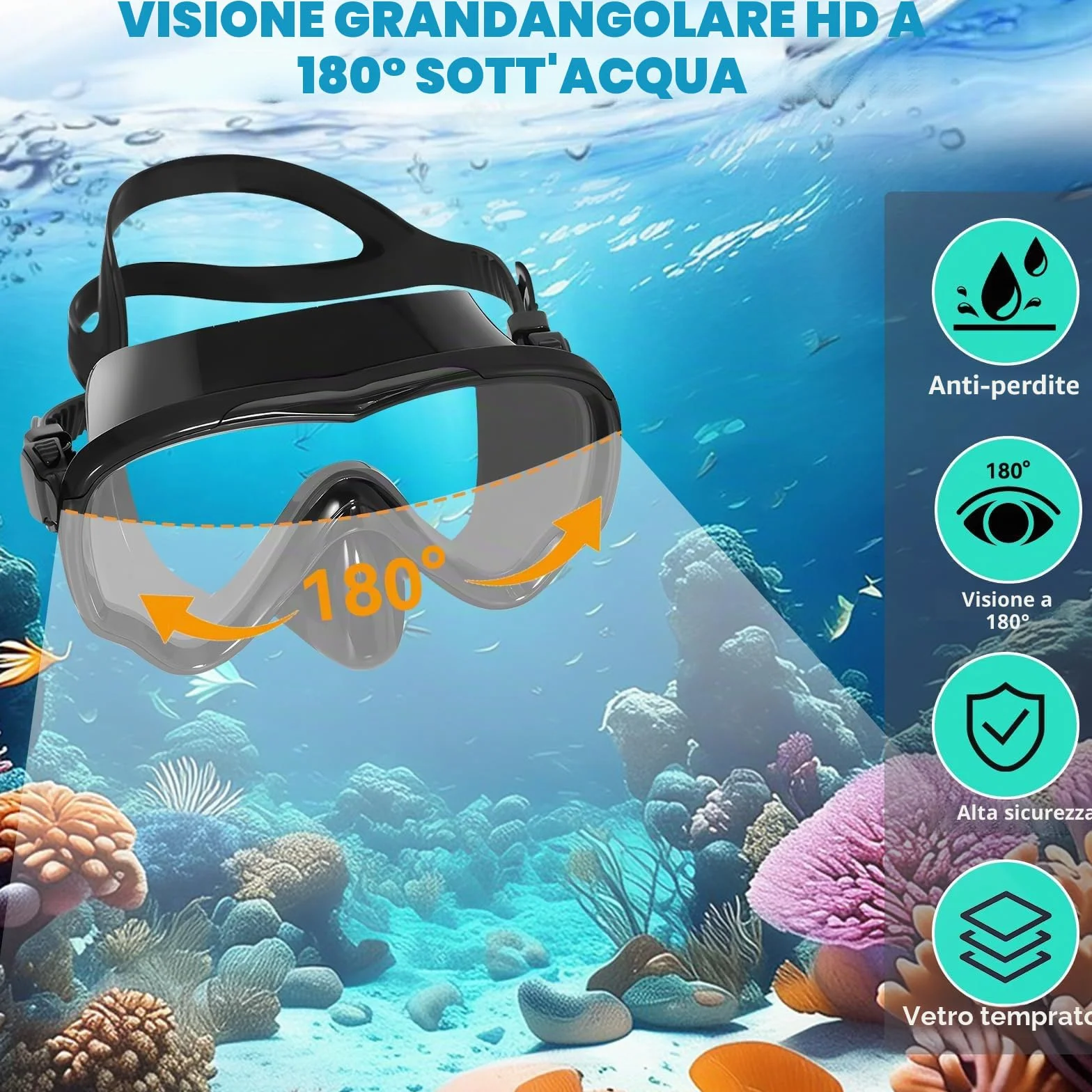 Maschera Snorkeling Adulto, Set Snorkeling Panoramici 180°, Antiappannamento Anti-Perdite per Nuoto Immersioni