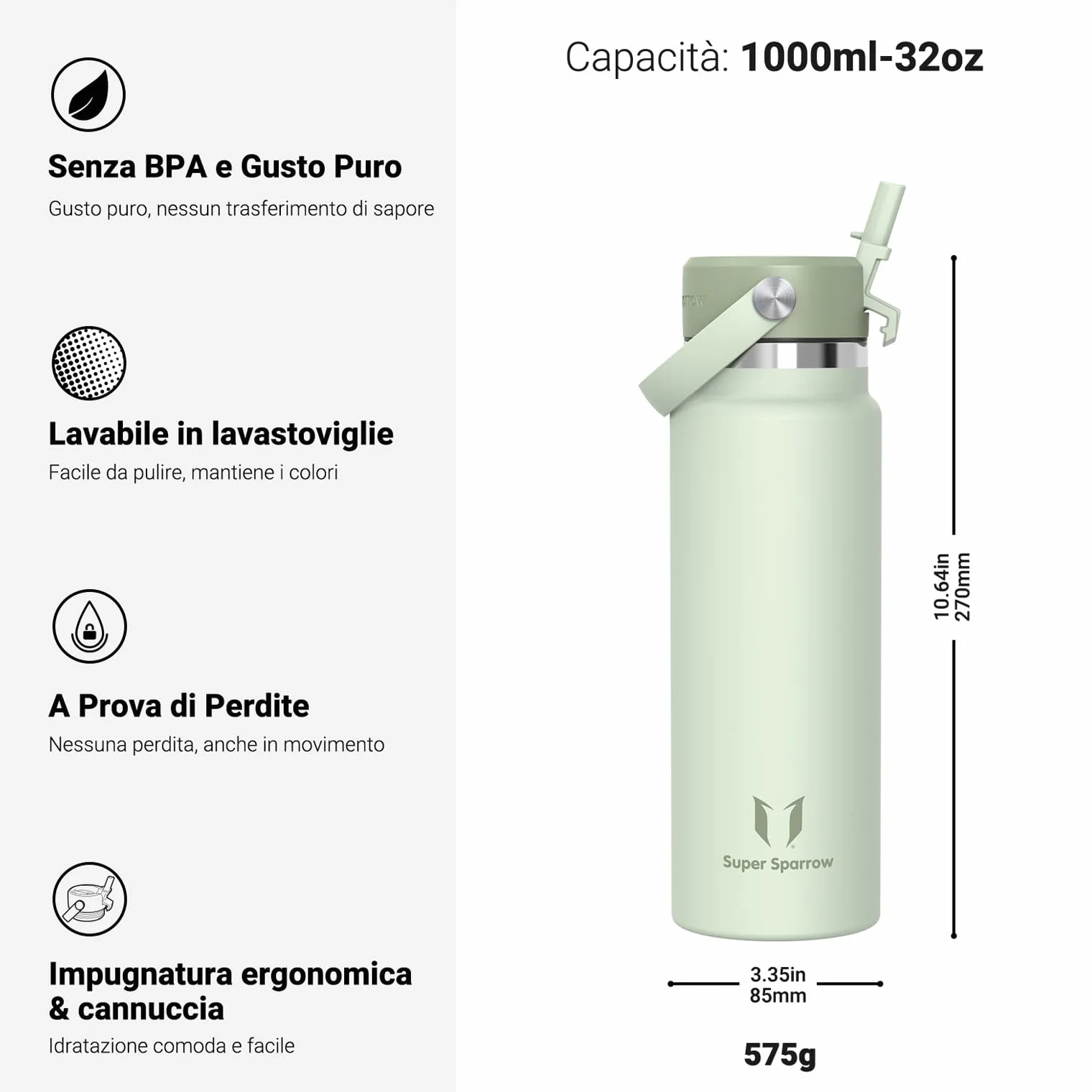 Super Sparrow Borraccia Termica Acciaio Inox 500ml 750ml 1L 1.2L Senza BPA con Cannuccia per Scuola Sport Campeggio