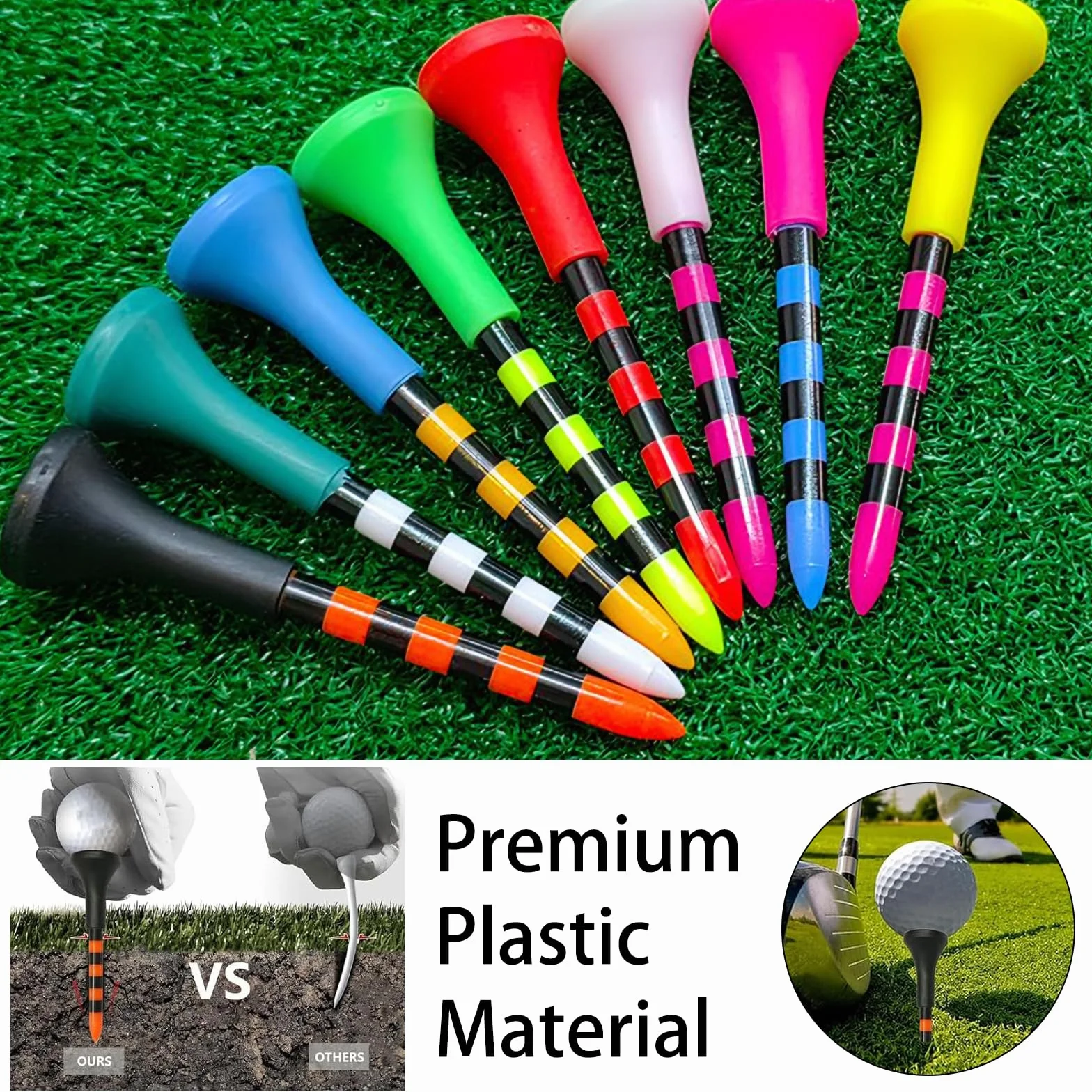 50 Pezzi Tee da Golf Colorati, Tee da Golf in Plastica Resistente Accessori per Parti da Golf con Parte Superiore in Gomma Ammortizzata Ideali per Tee e Allenamento - 83 mm