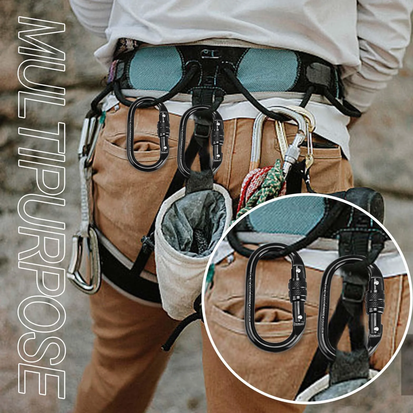 Moschettoni da Arrampicata 25 kN Acciaio Legato Chiusura a Vite TIANLIN 2 Pezzi Nero