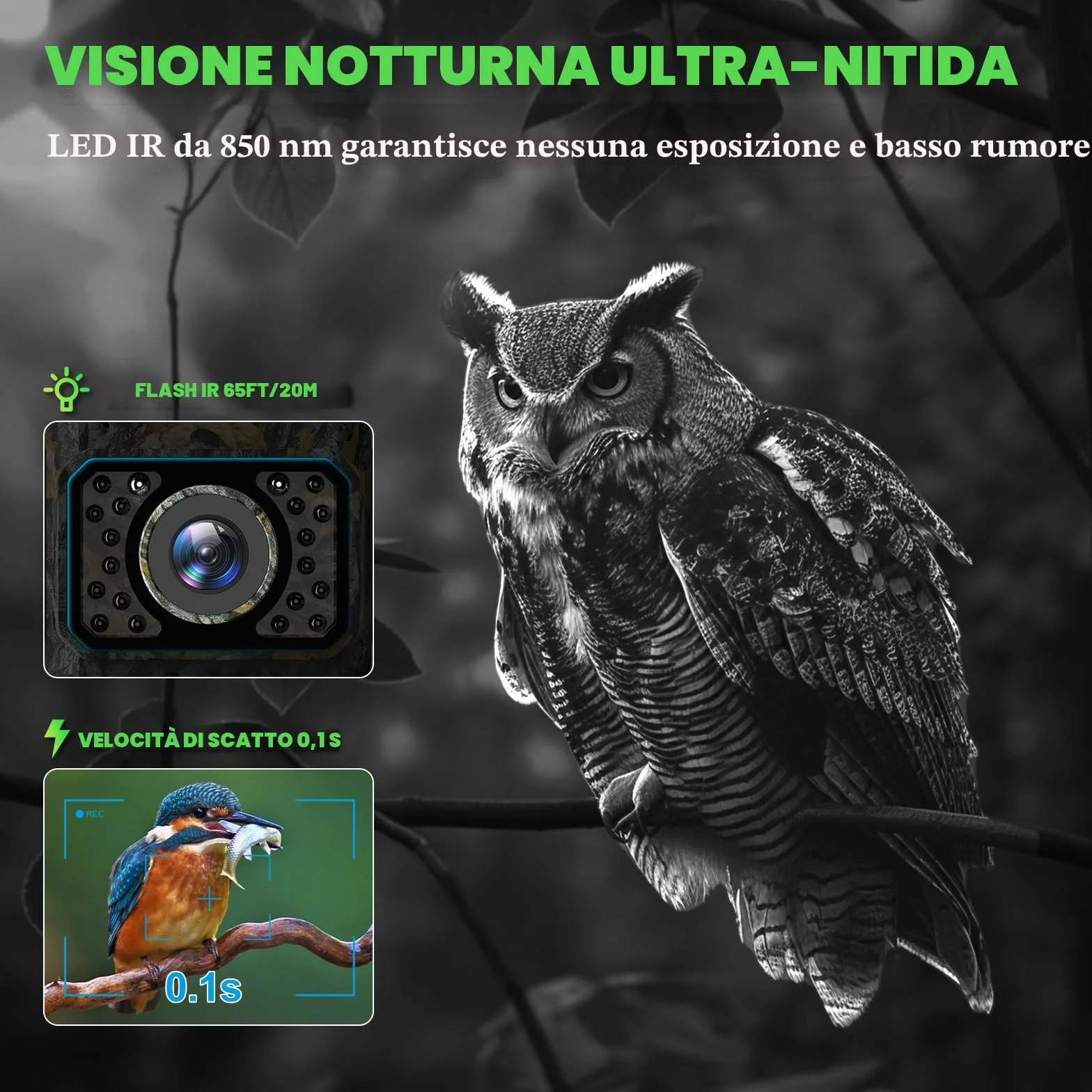 Coolifepro Fototrappola con Pannello Solare 60MP 30FPS WIFI Bluetooth App Batteria Litio 2000mAh Angolo Rilevamento 100° Scheda SD 32GB