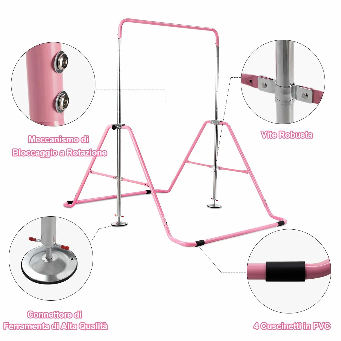 COSTWAY Sbarra Ginnastica Artistica Pieghevole, Altezza Regolabile 90-142 cm, Barra per Ginnastica per Bambini