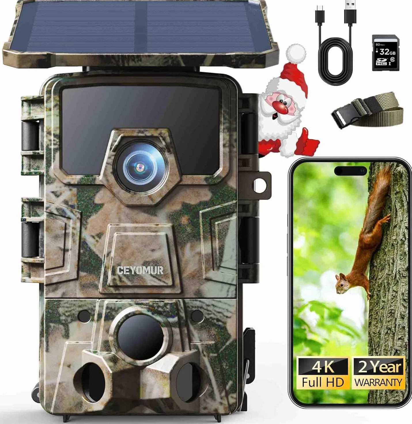 CEYOMUR 4K UHD Fototrappola Solare, Wifi 6 Notturna con 120° Rilevamento, Batteria 5200mAh, IP66, Scheda SD 64GB