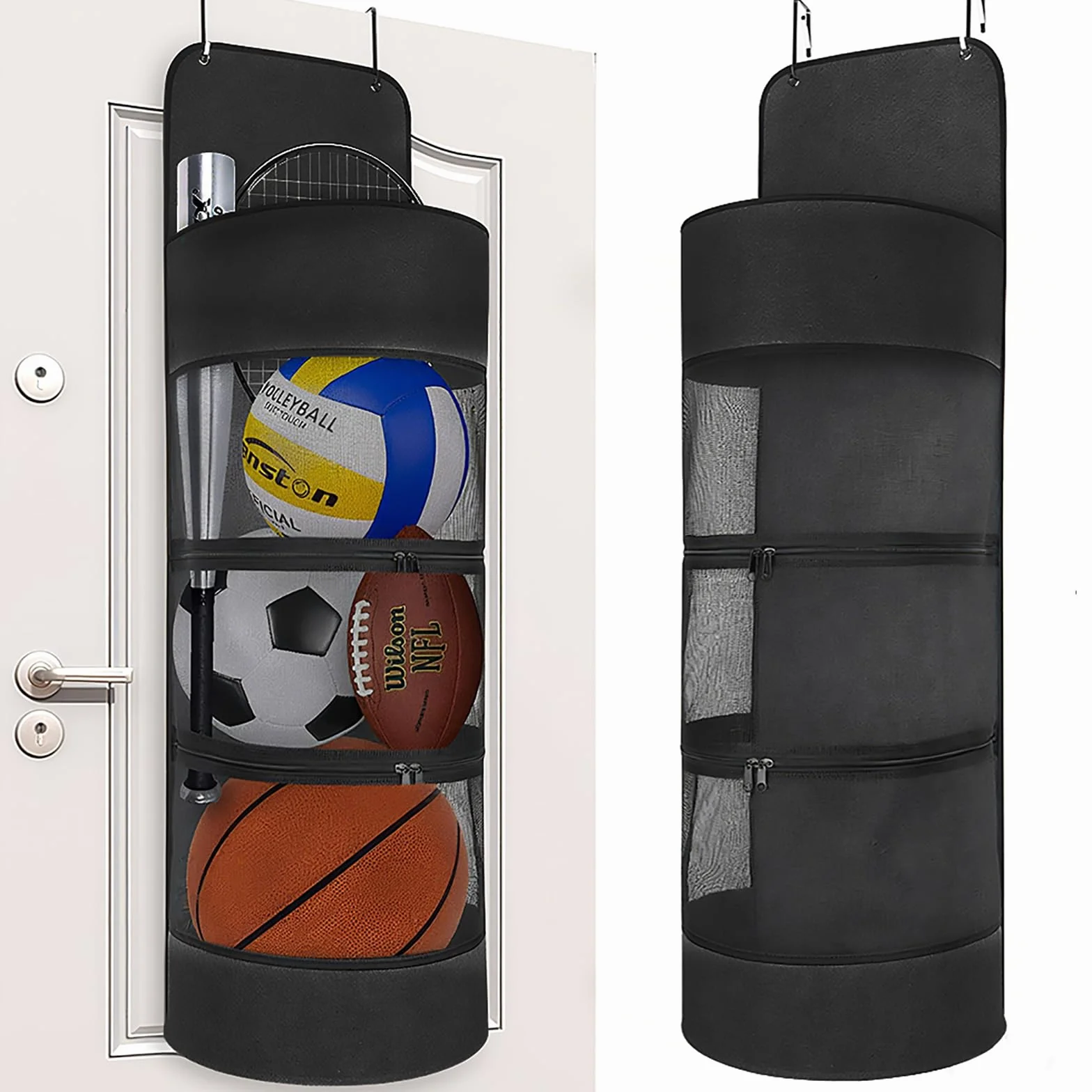 Organizer da appendere sopra la porta, borsa sportiva sospesa con ganci in metallo, supporto per palla, riporre pallacanestro, calcio, pallavolo, tennis, nero