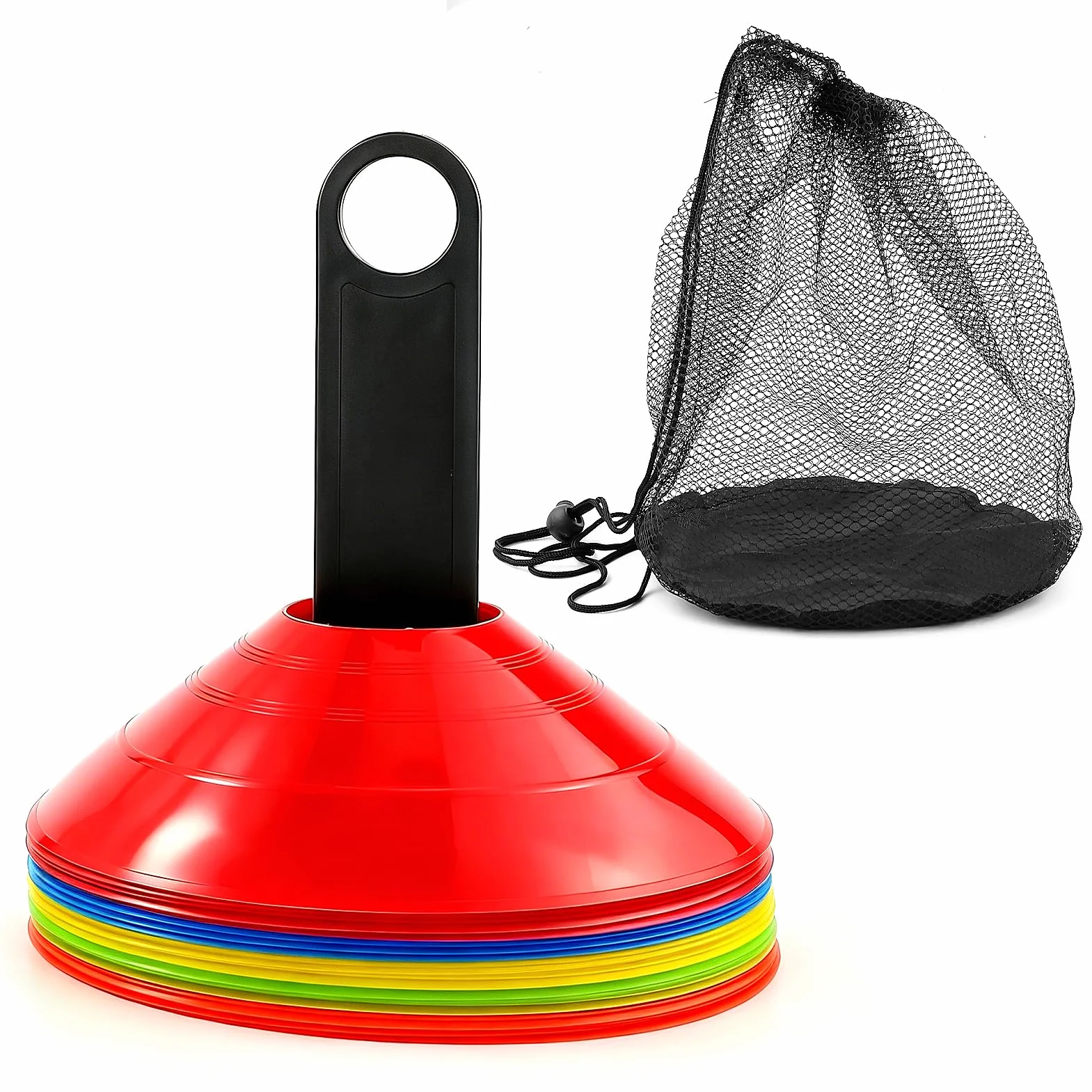 25 cinesini per Allenamento Calcio, Coni Allenamento, Coni segnaletici circolari, 5 Colori, con Piccolo Supporto e Borsa per riporli, per Calcio, Pallacanestro, Pattinaggio a rotelle