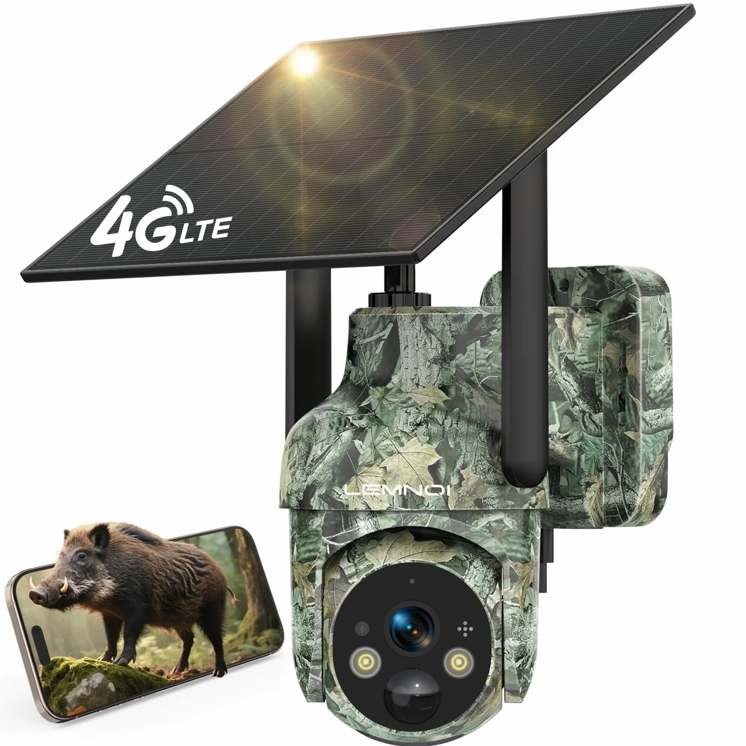 LEMNOI Fototrappola 4G Solare con SIM Preinstallate, Fotocamera da Caccia 2K PTZ Impermeabile Visione Notturna Colori Rilevamento PIR