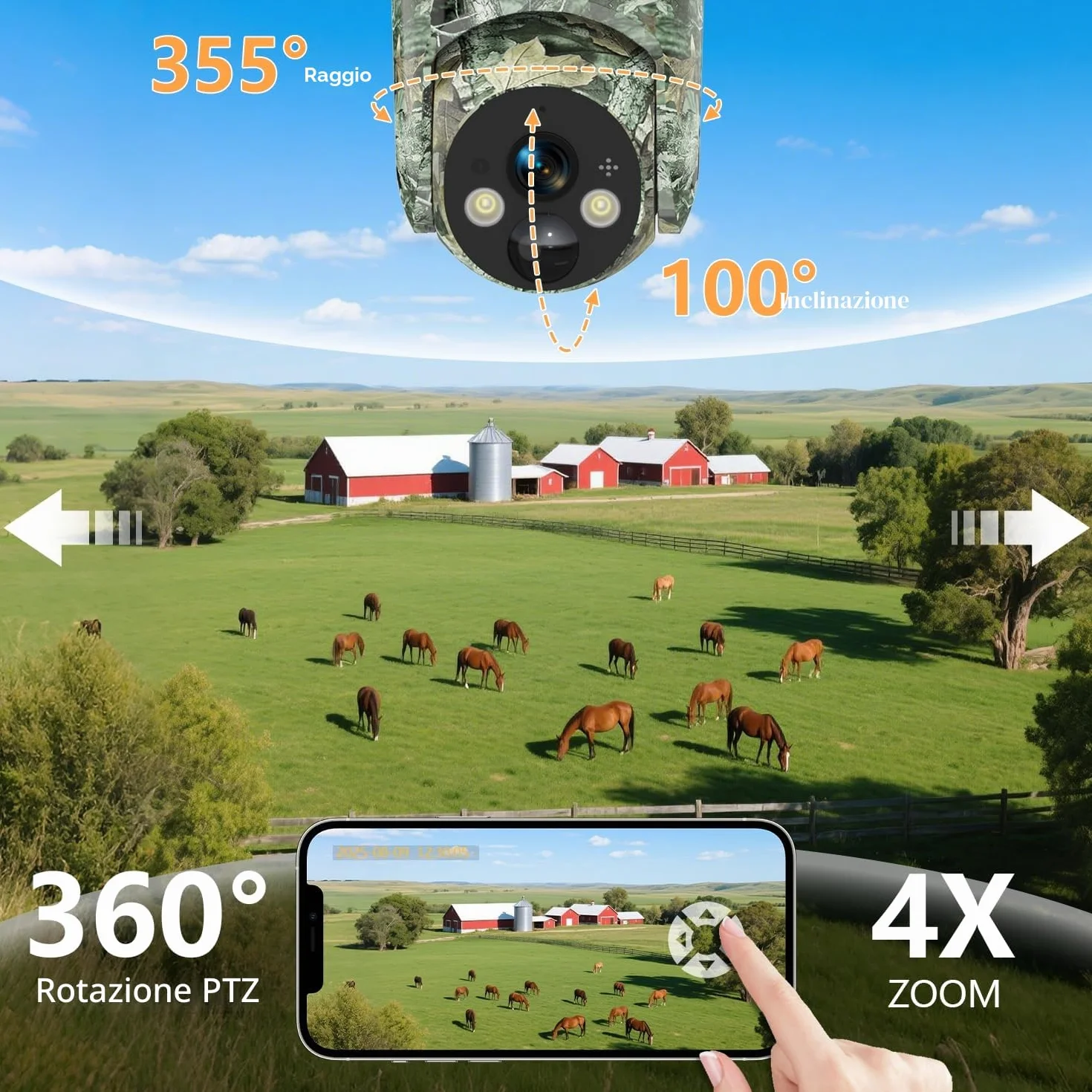 LEMNOI Fototrappola 4G Solare con SIM Preinstallate, Fotocamera da Caccia 2K PTZ Impermeabile Visione Notturna Colori Rilevamento PIR