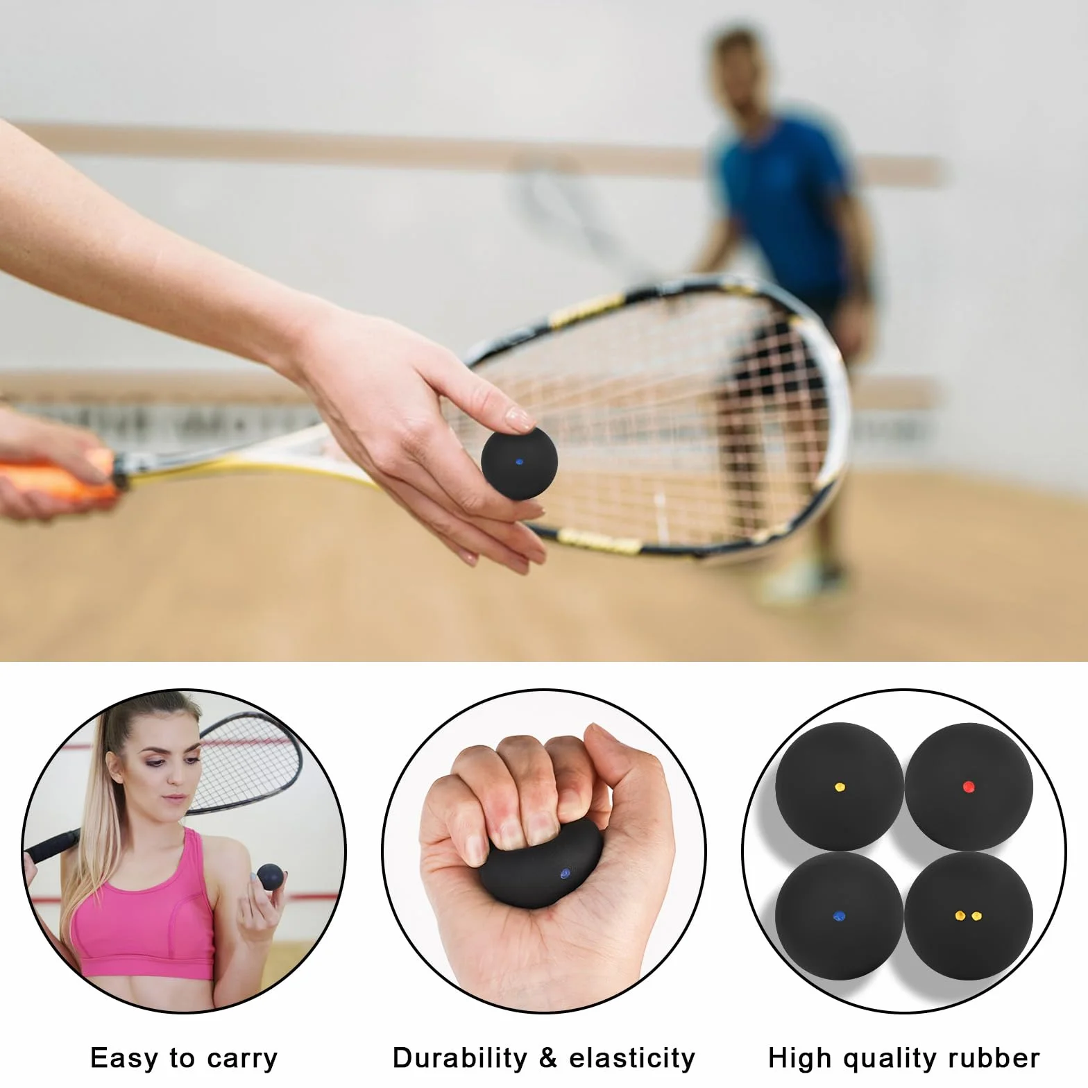 Palline Da Squash Set di 4, Alto Rimbalzo, Doppi Punti Gialli, Singoli Punti Gialli, Rossi, Blu, Per Principianti
